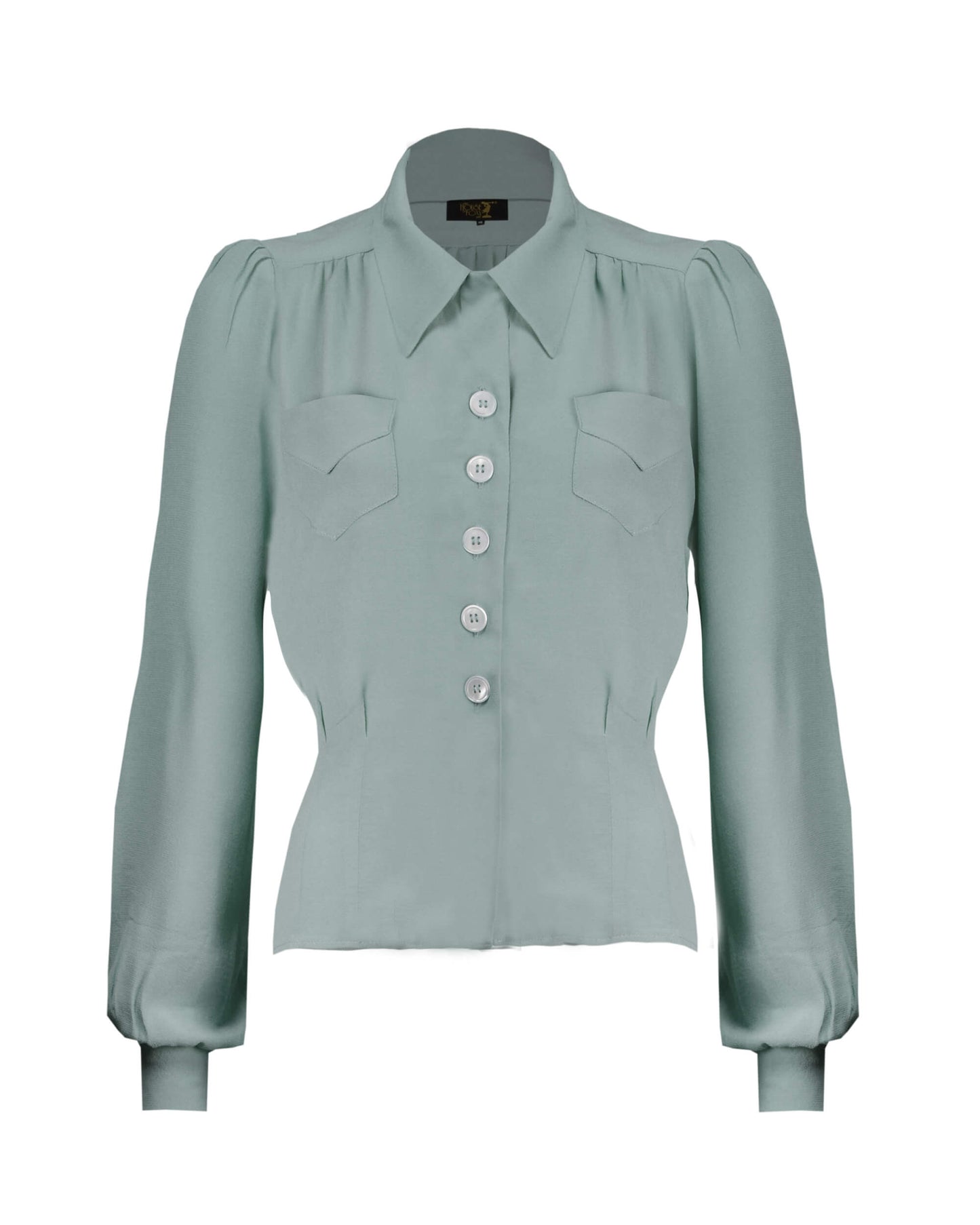 The House of Foxy 40s Sweetheart Blouse Duck Egg Lily Scarlet