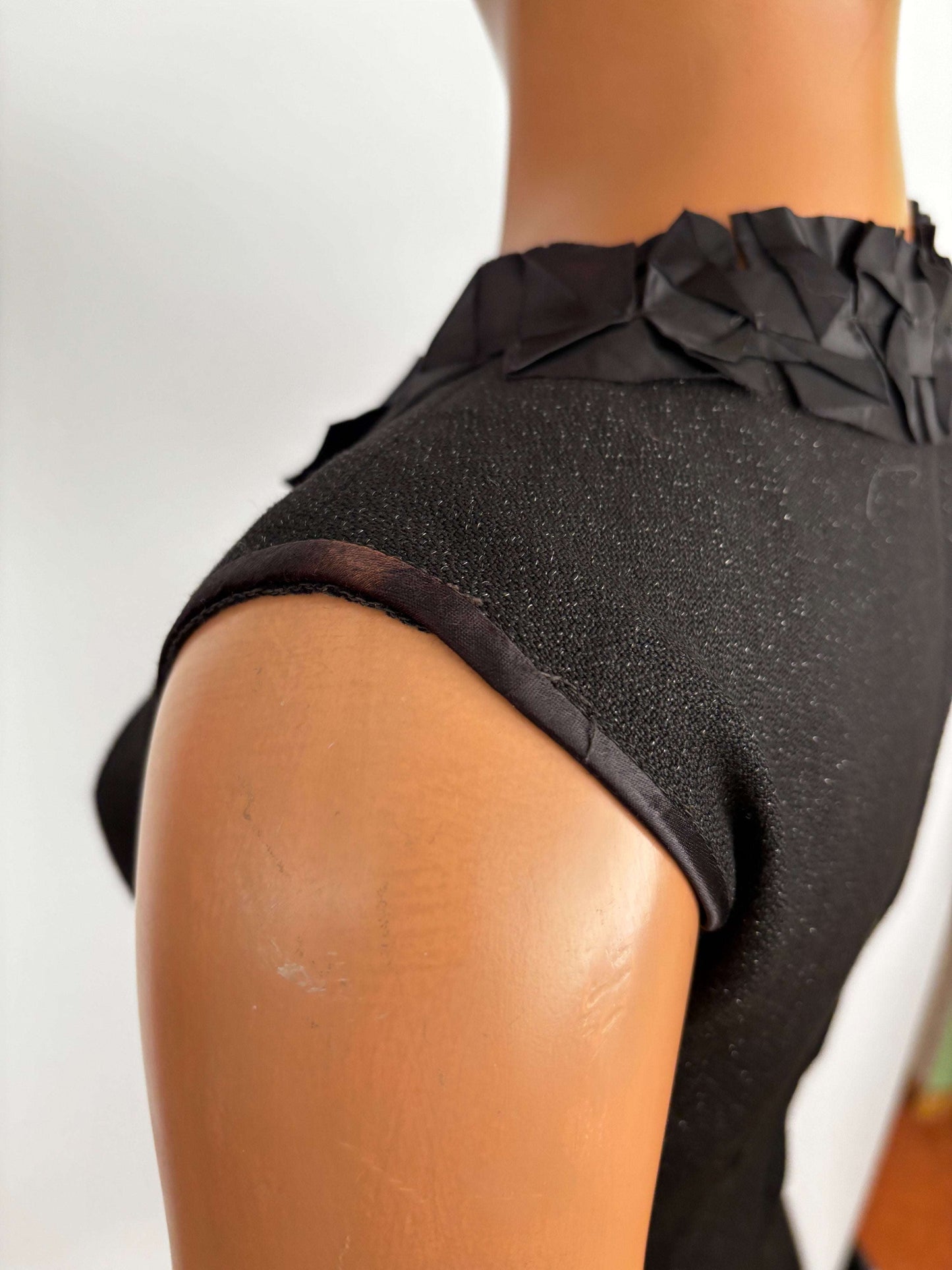 S | 1960s Little Black Lurex Dress With Satin Trim