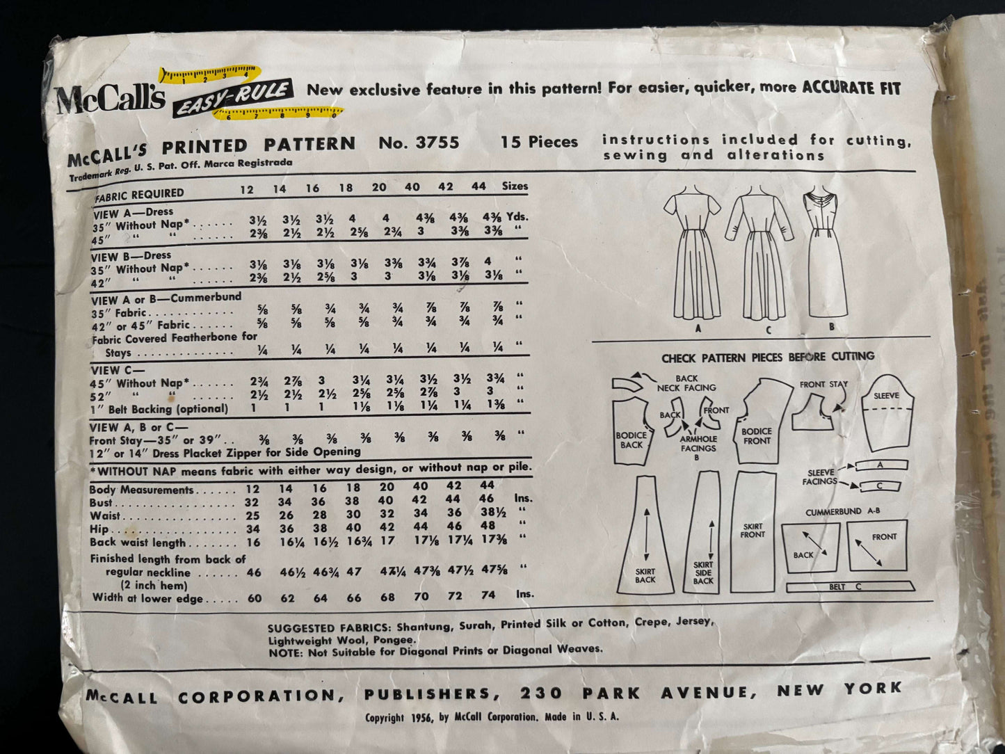 1956 Size 18 Women's Dress and Cummerbund - McCall's 3755 Sewing Pattern