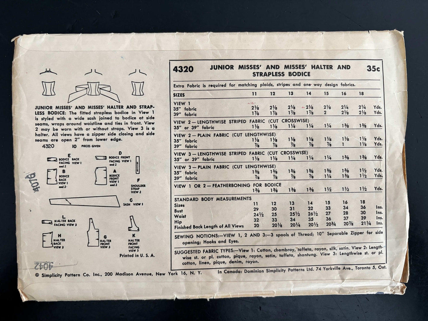 1953 Size 14 Women's Halter and Strapless Bodice - Simplicity 4320 Sewing Pattern