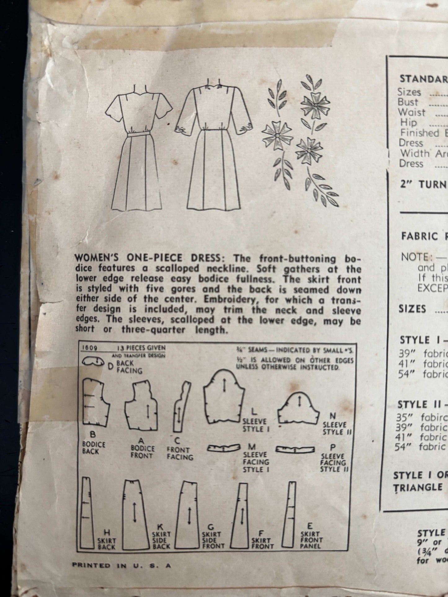 1945 Size 16 Women's One-Piece Dress - Simplicity 1609 Sewing Pattern