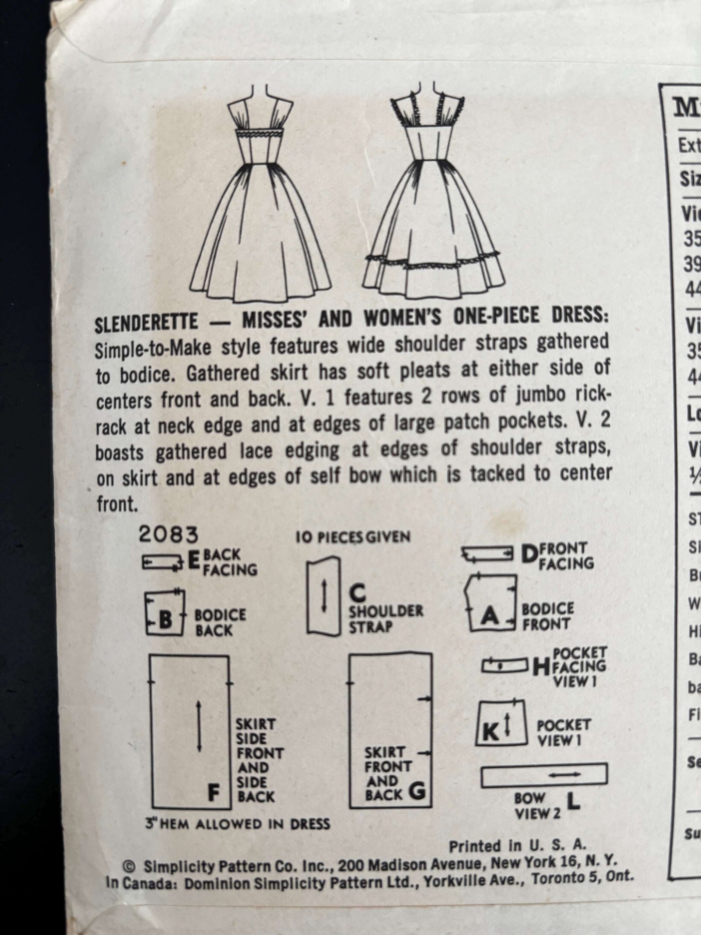 1957 Size 16 Women's One-Piece Dress - Simplicity 2083 Sewing Pattern