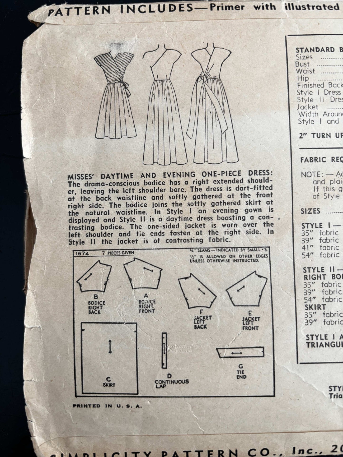 1945 Size 12 Women's Daytime and Evening Dress - Simplicity 1674 Sewing Pattern