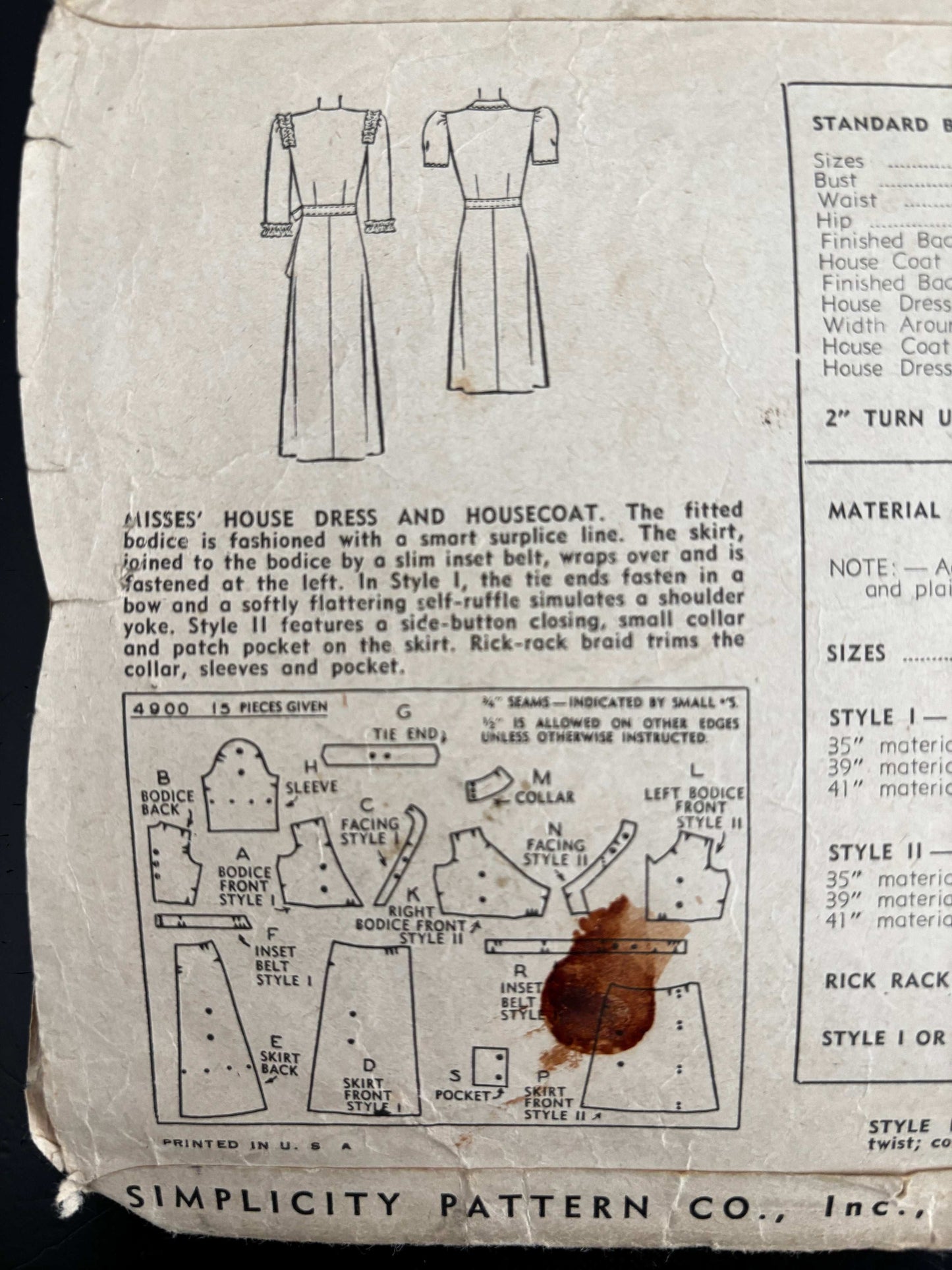 1943 Size 14 Women's House Dress and Housecoat - Simplicity 4900 Sewing Pattern