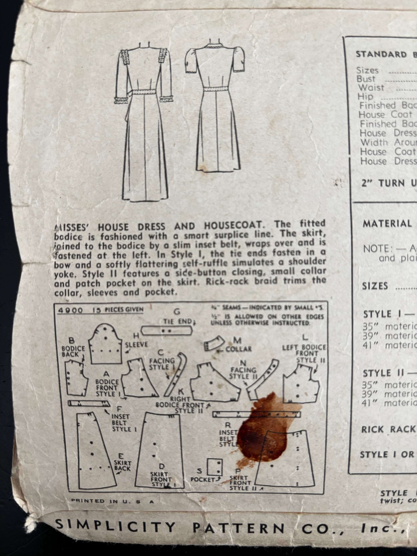 1943 Size 14 Women's House Dress and Housecoat - Simplicity 4900 Sewing Pattern