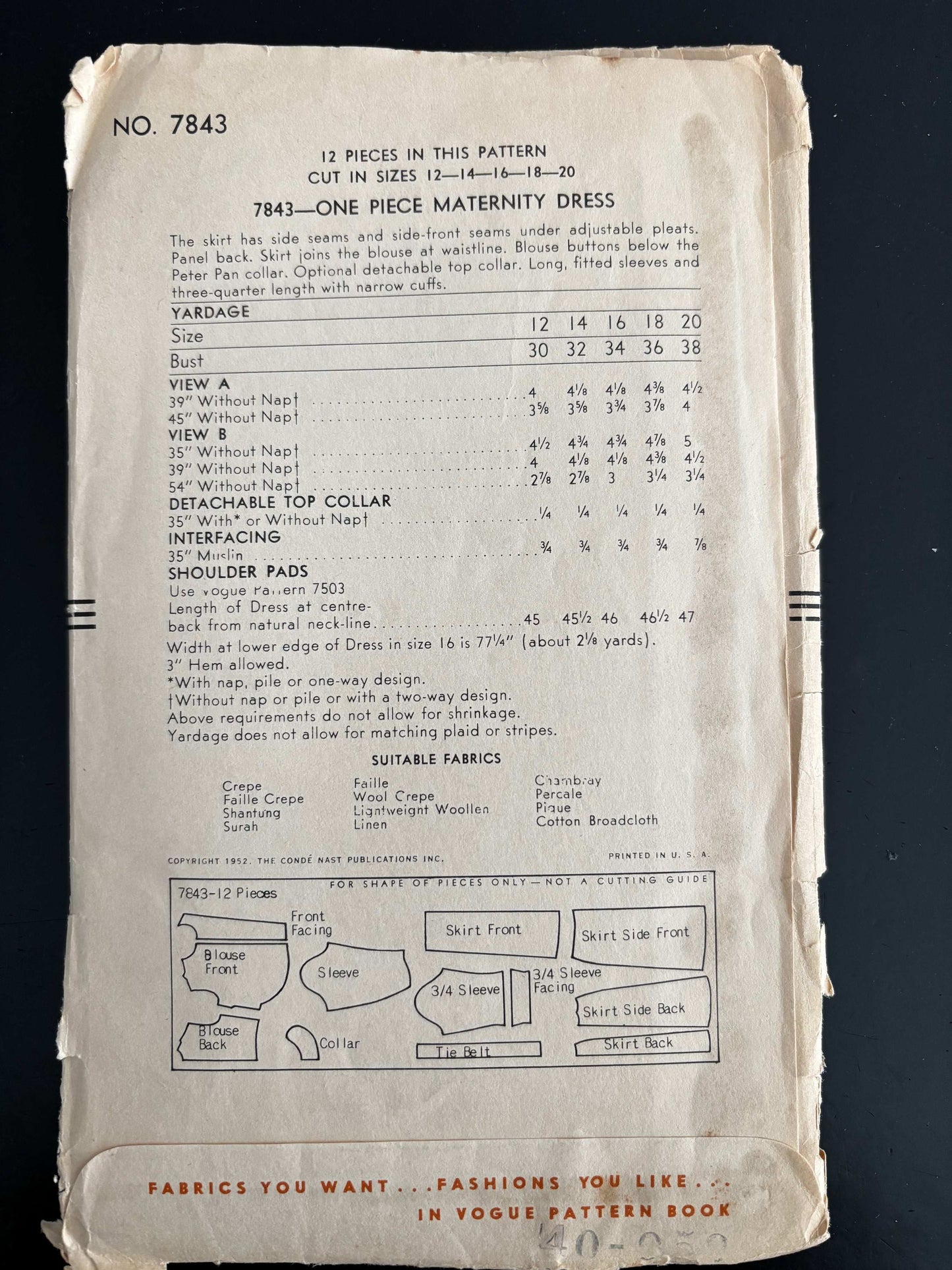 1952 Size 14 One-Piece Maternity Dress – Vogue 7843 Sewing Pattern