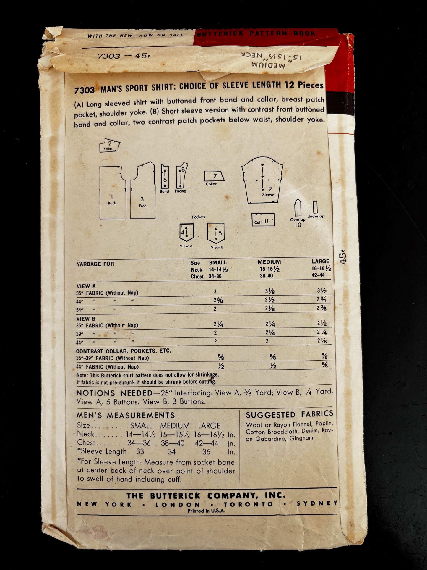 1950s Size Medium Men’s Sport Shirt – Butterick 7303 Sewing Pattern