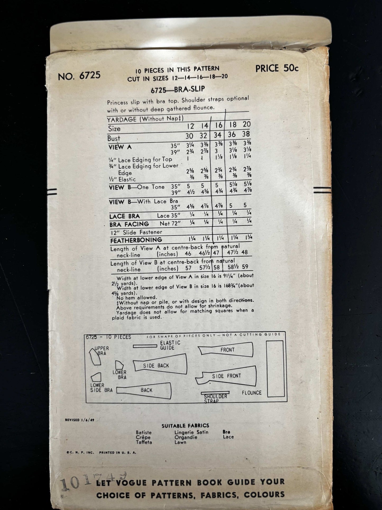 1950s Size 16 Bra-Slip – Vogue 6725 Sewing Pattern