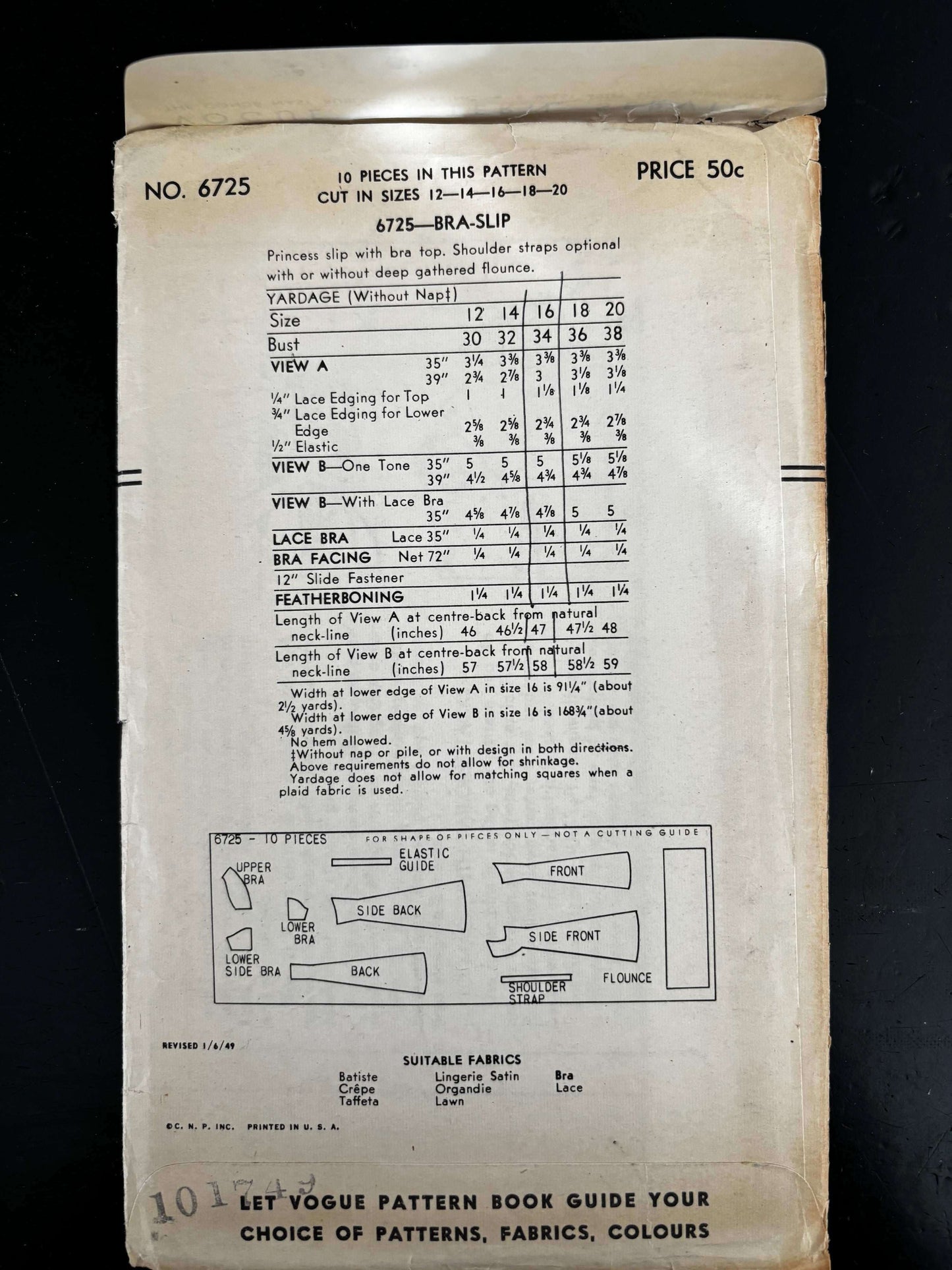 1950s Size 16 Bra-Slip – Vogue 6725 Sewing Pattern