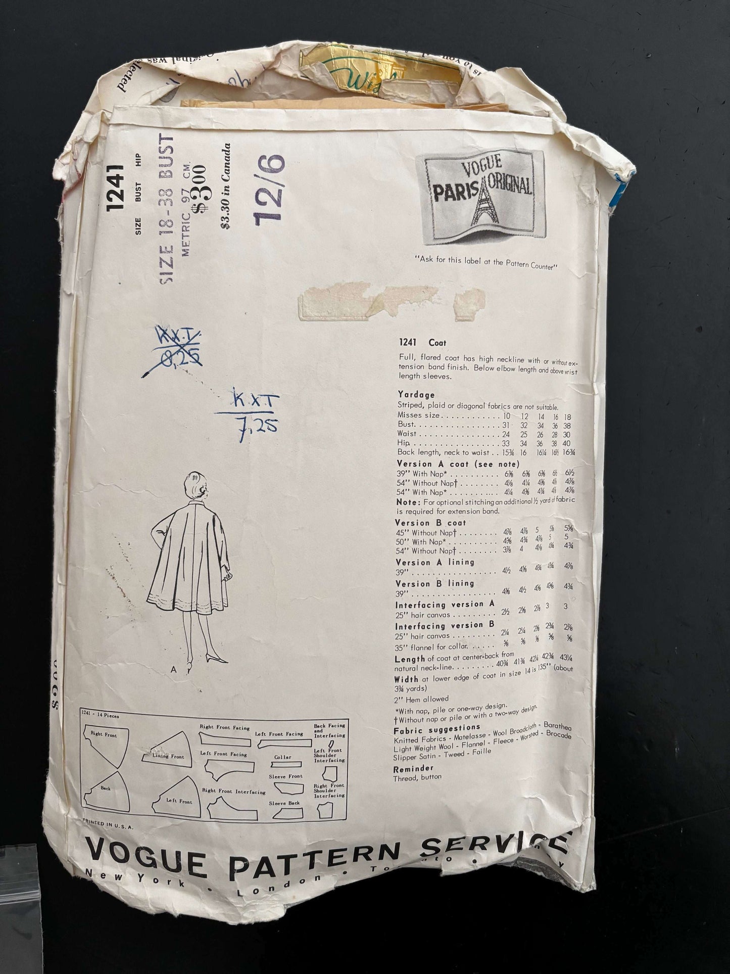 Vogue Paris Original 1241 — Nina Ricci Coat Pattern (ca. early 1960s)
