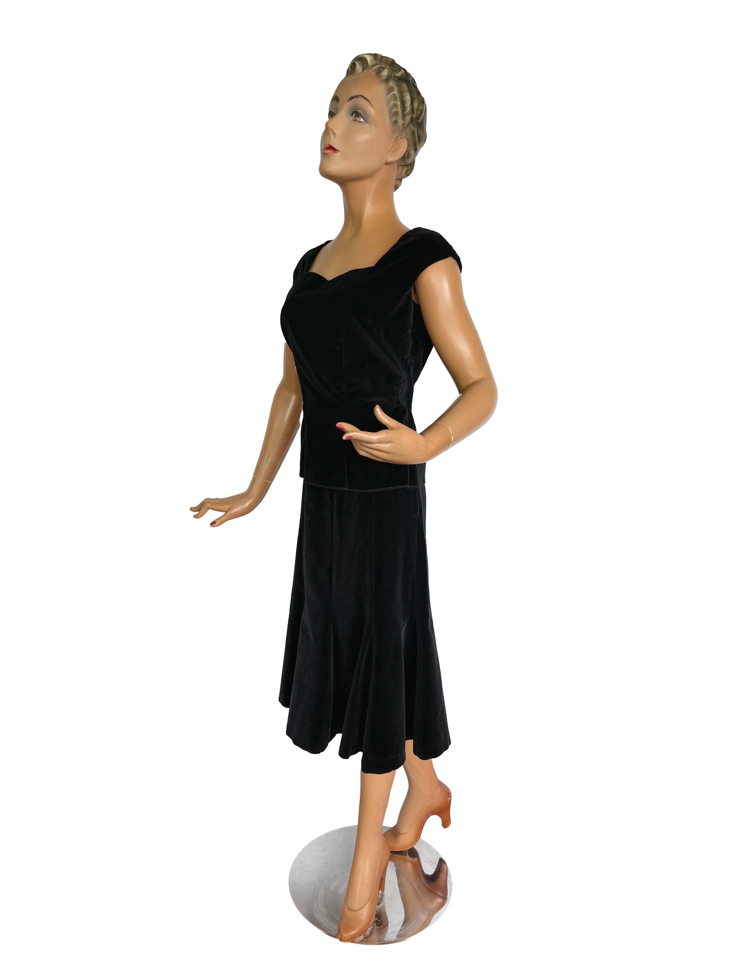 S/M | 1950s 'Walk by Charles Inc.' Black Velvet Cotton Two Piece Suit