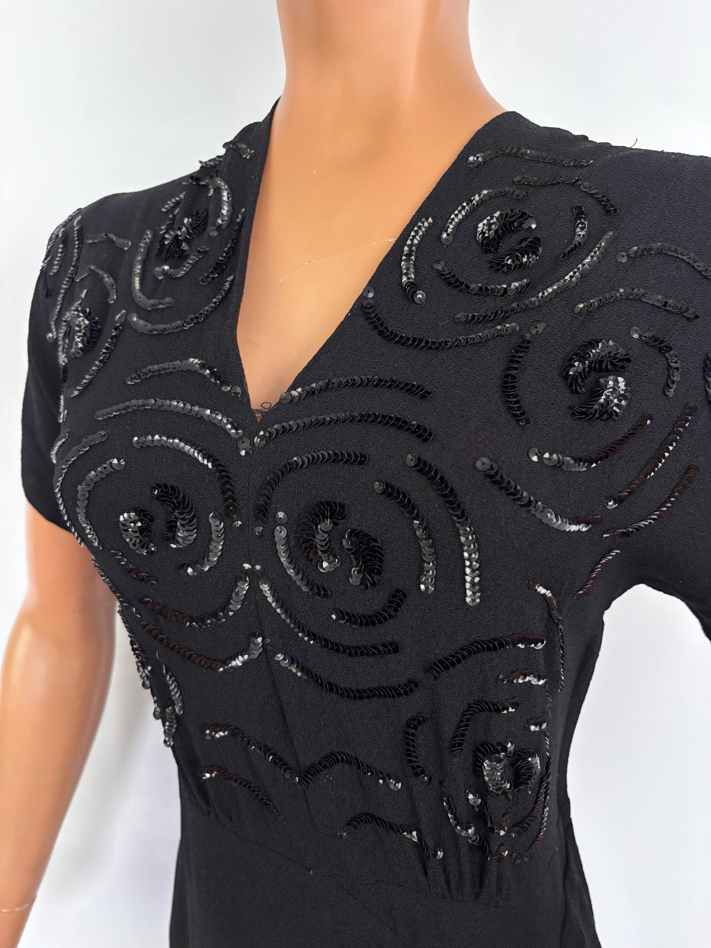 M/L | 1930s Black Crepe Sequin Sarong Dress