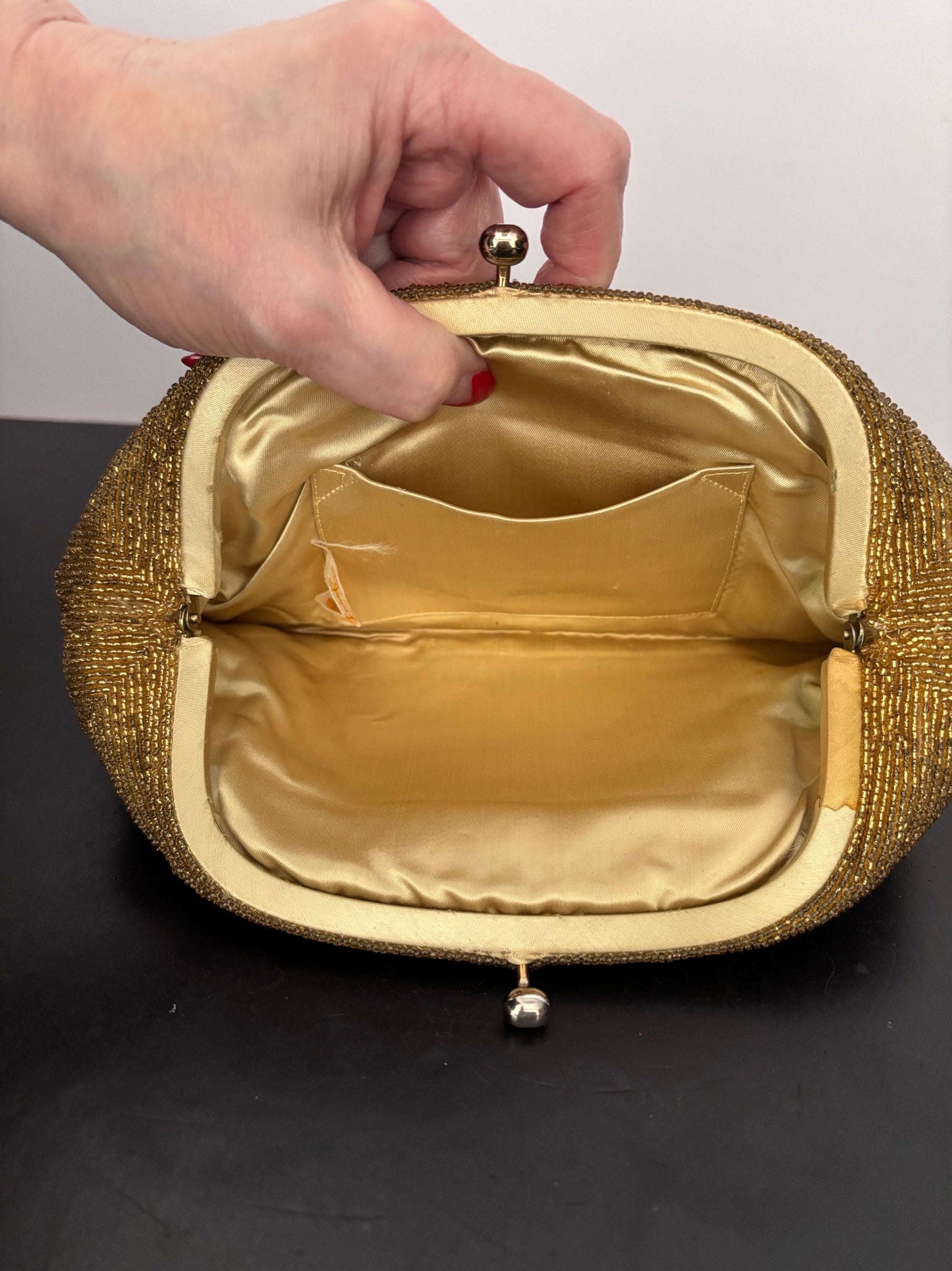 1950s Gold Hand Beaded Evening Clutch Japan Lily Scarlet