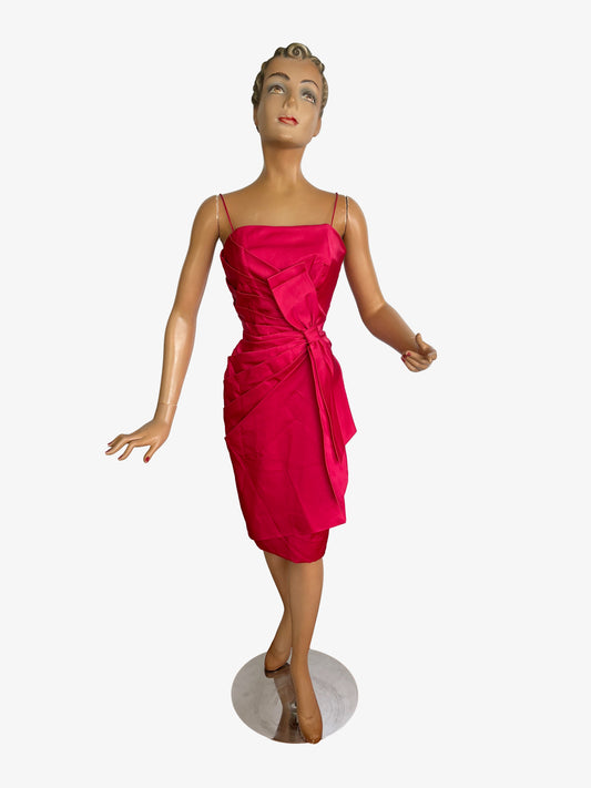 1950s Saks Fifth Avenue Hot Pink Satin Dress | Size XS