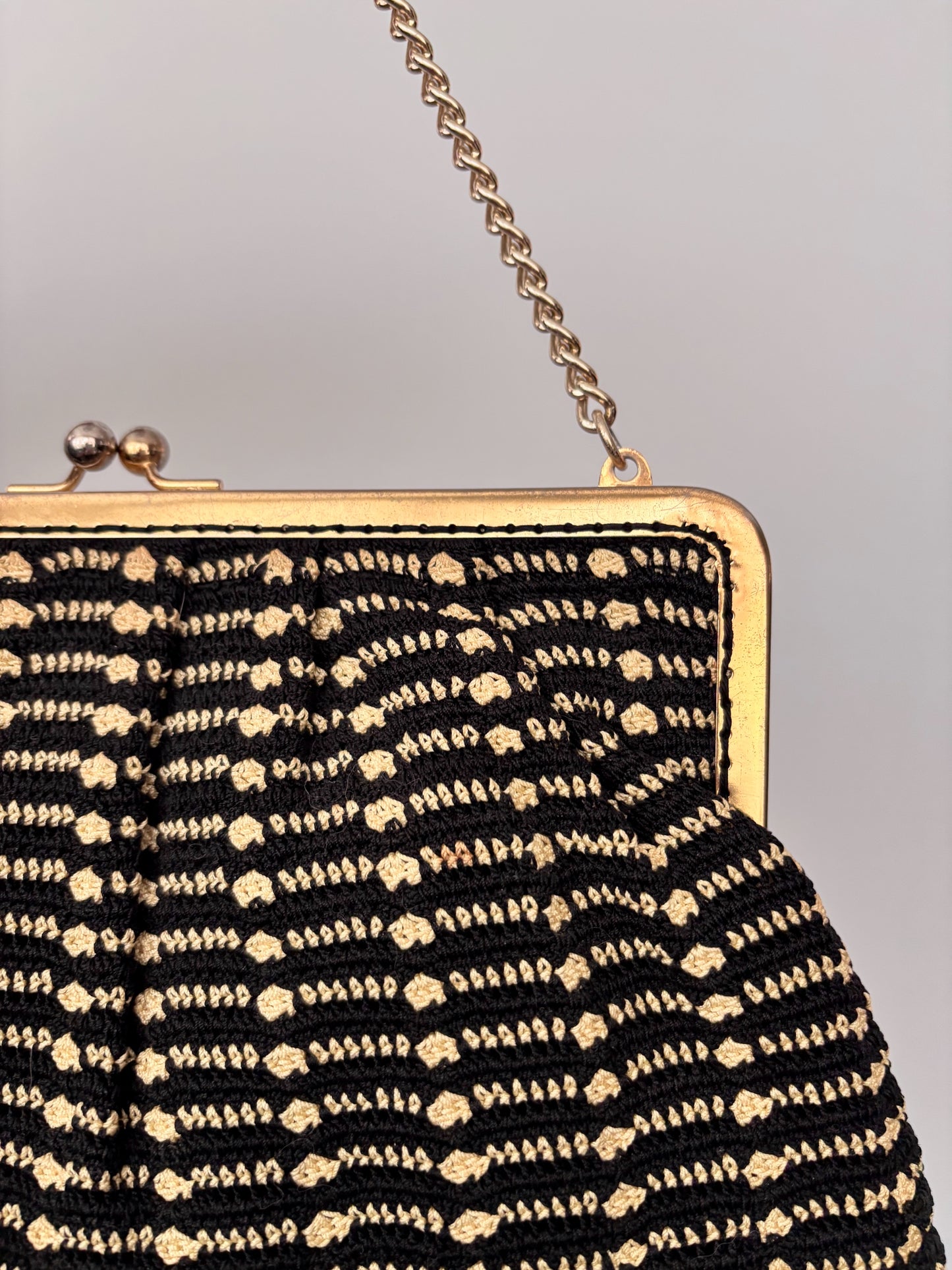 1950s Black And Yellow Wool Evening Bag With Chain Strap