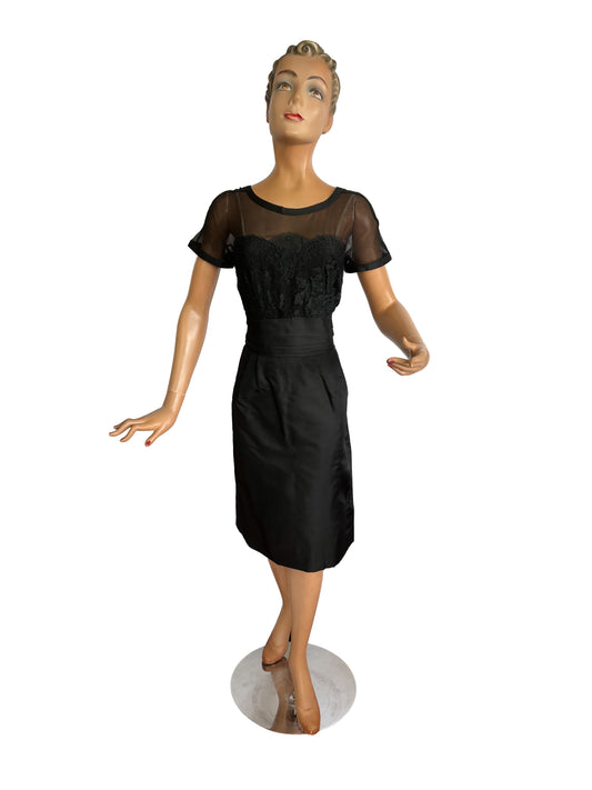 1950s/60s Black Silk, Lace and Mesh Dress | Size Medium/Large