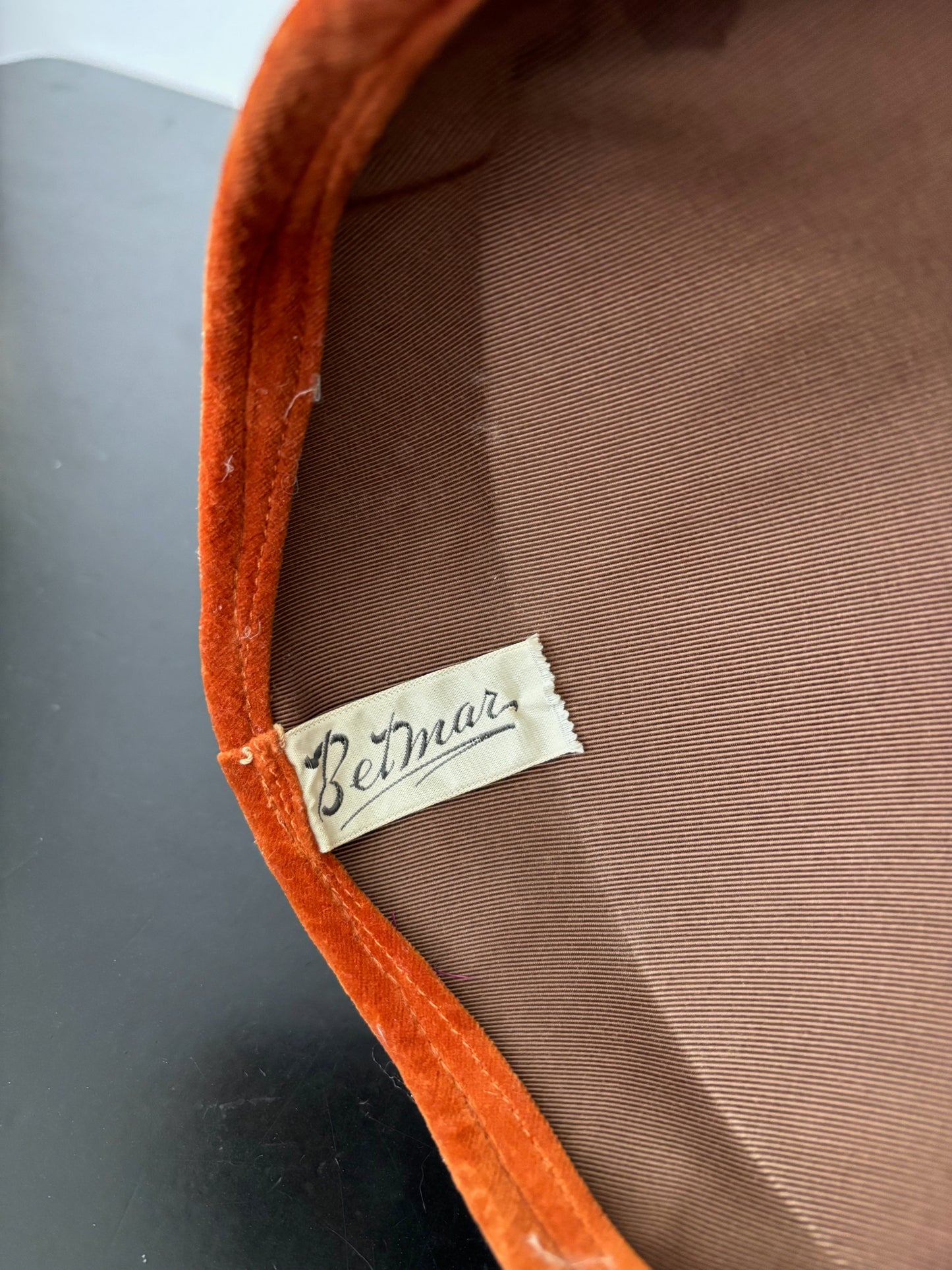 1940s Betmar Rust Velvet Cocktail Hat With Feather Trim