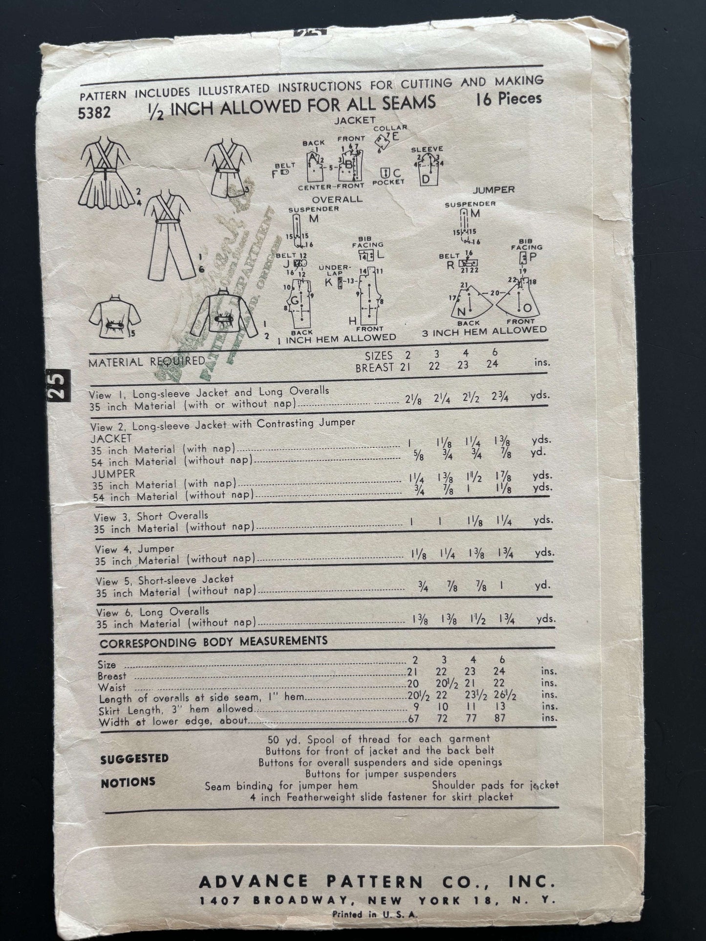 1950s Advance 5382 Sewing Pattern Toddlers Jacket Jumper Overalls - Size 2 Lily Scarlet