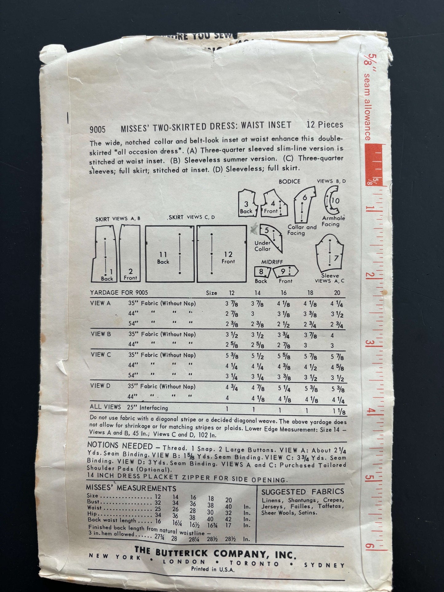 1950s Butterick 9005 Sewing Pattern Misses Surplice Midriff Sheath or Full Skirt Dress - Size 18 Lily Scarlet
