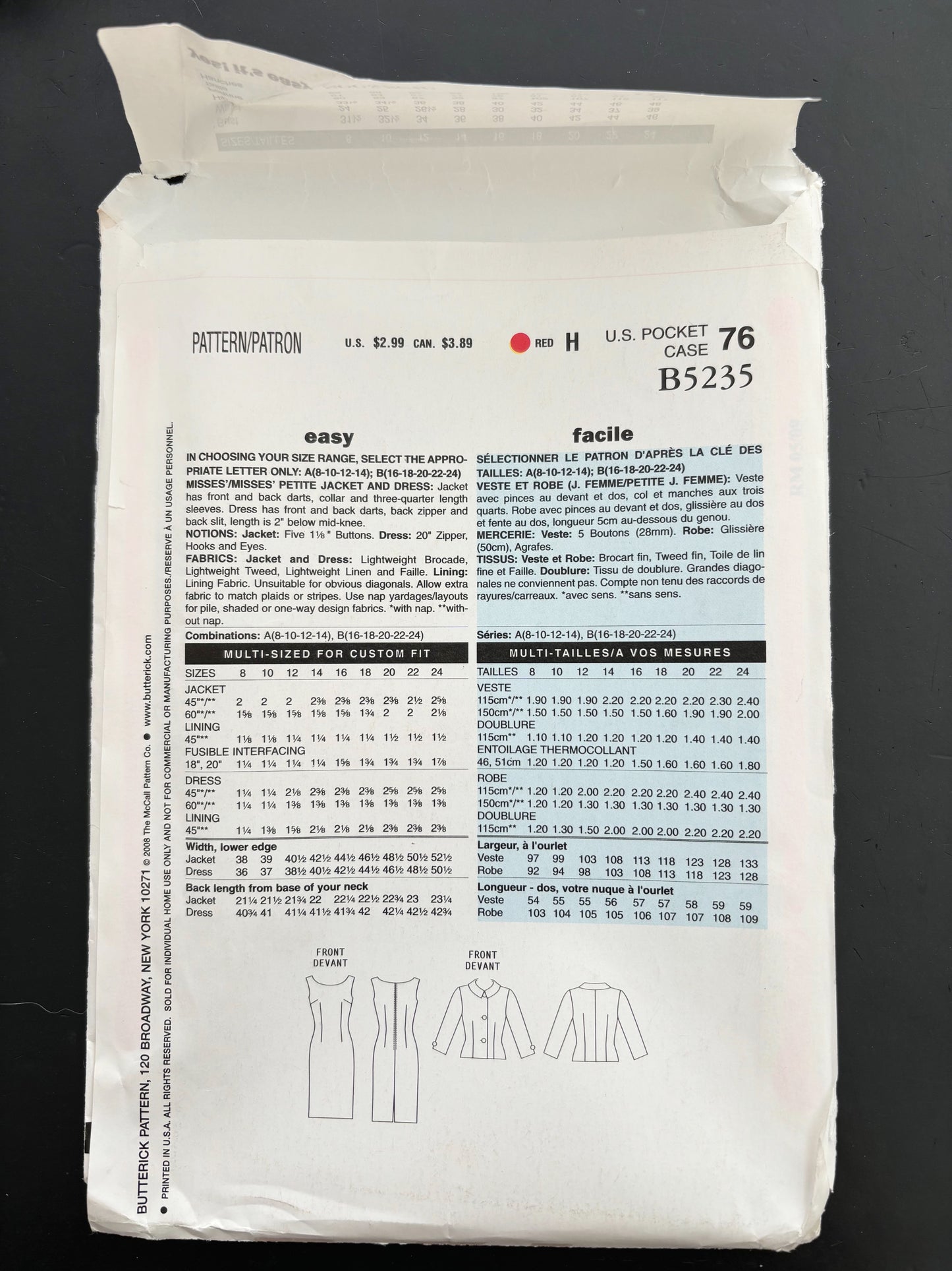 See & Sew B5235 Sewing Pattern Sleeveless Sheath Dress and Button Front Jacket - Size 16-24