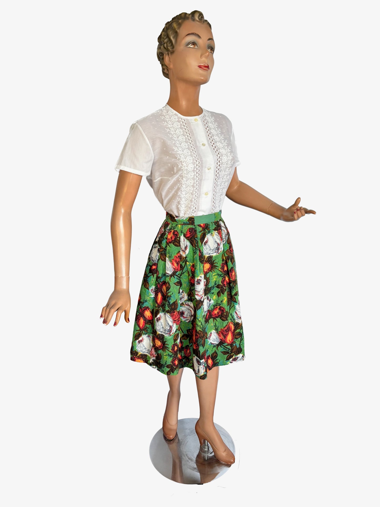 S | 1950s Barkcloth Roses Skirt