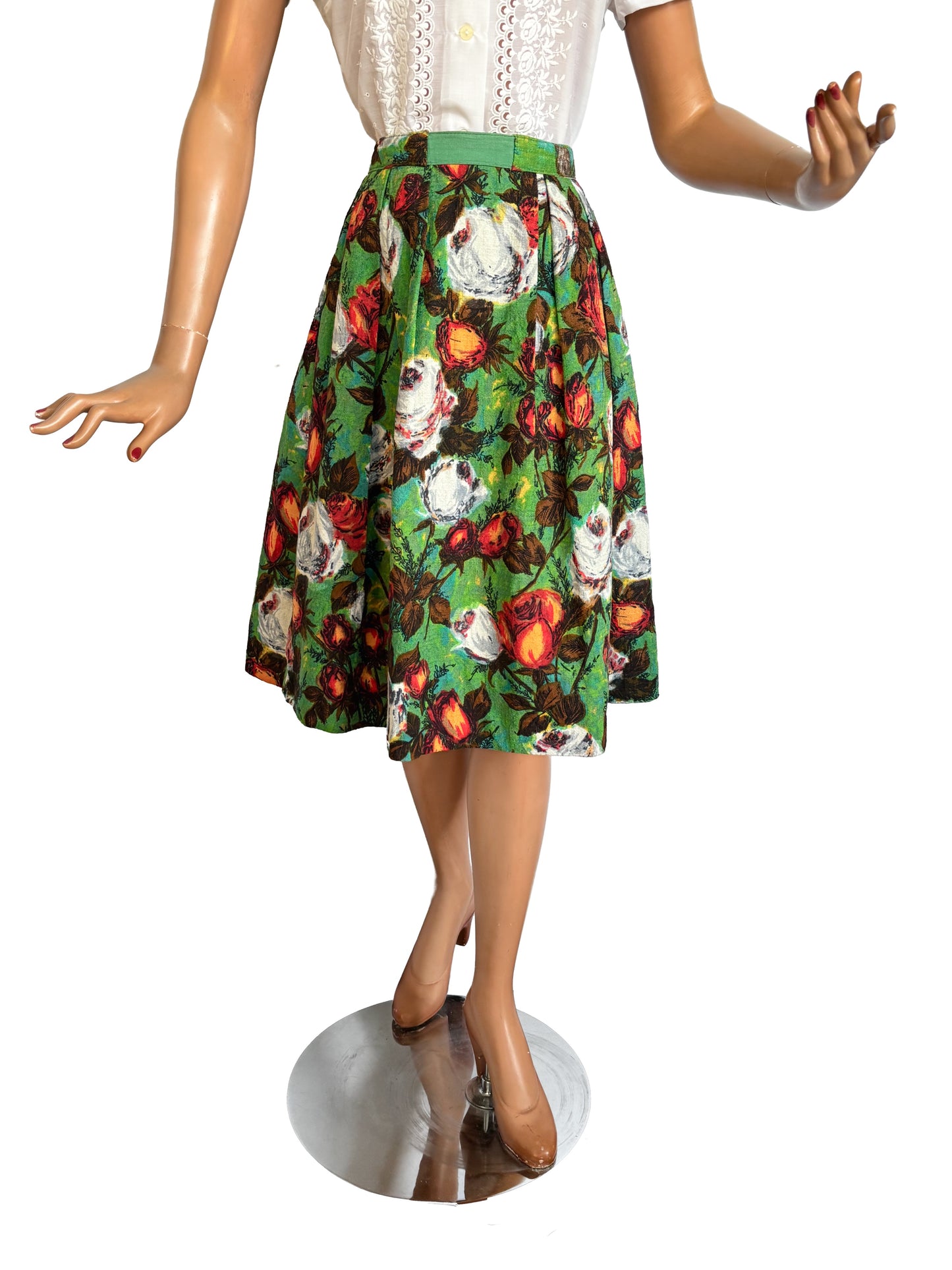 S | 1950s Barkcloth Roses Skirt