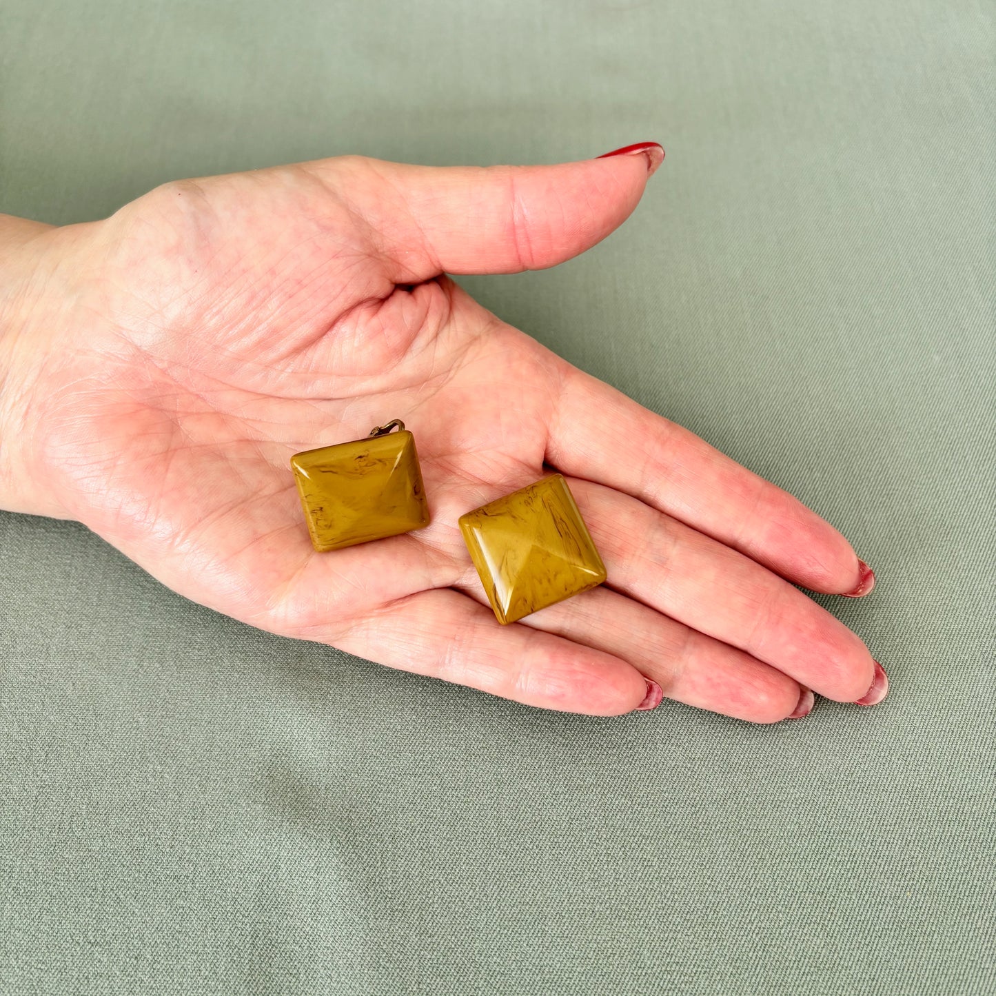 1940s Square Butterscotch Bakelite Screw Back Earrings