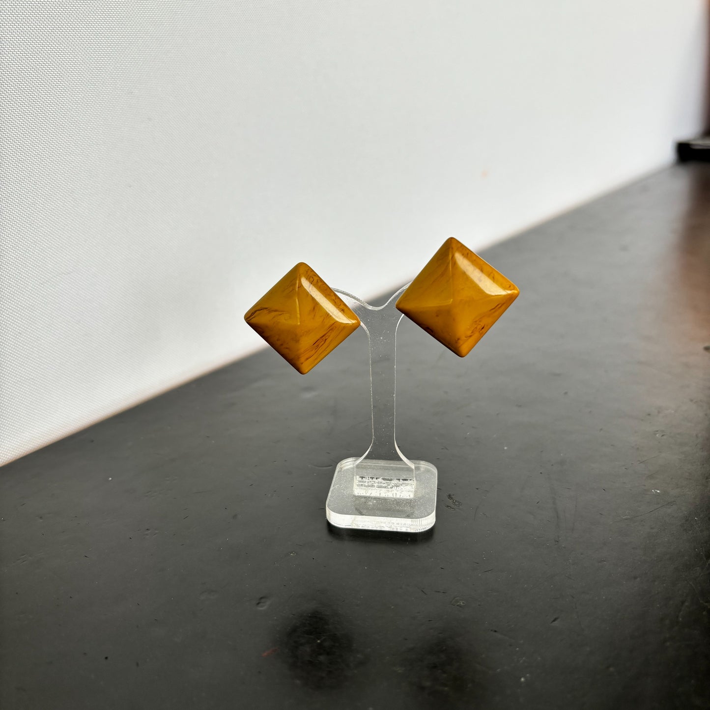 1940s Square Butterscotch Bakelite Screw Back Earrings
