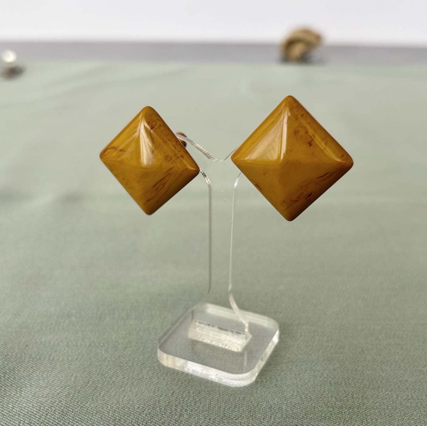 1940s Square Butterscotch Bakelite Screw Back Earrings