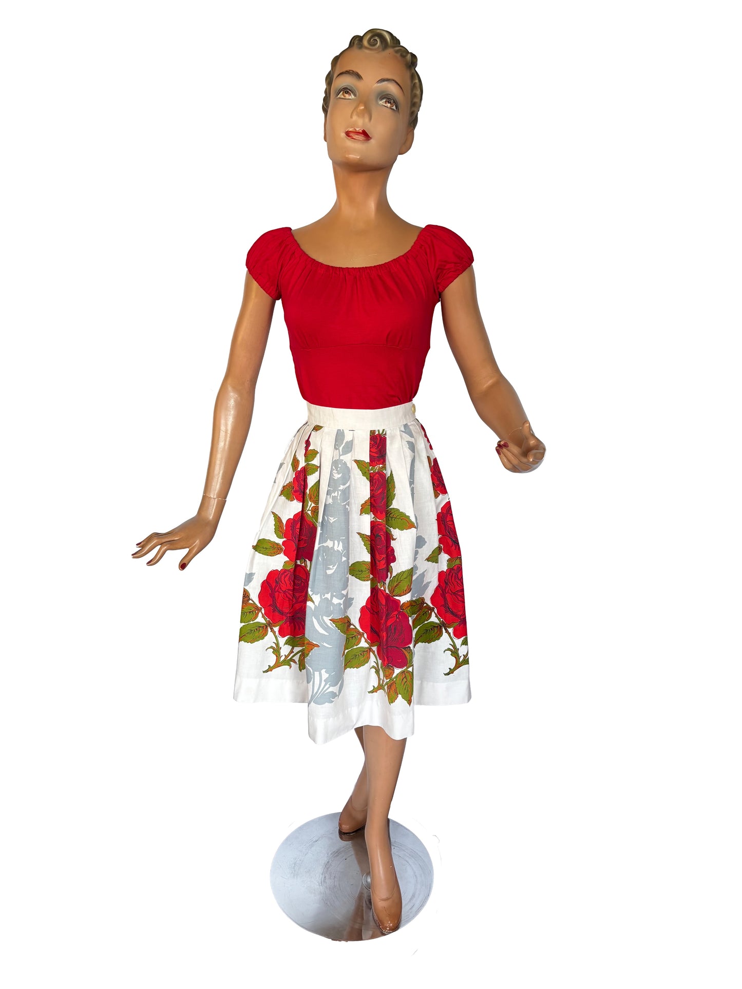 XS | 1950s Poplin Cotton Red Roses Skirt