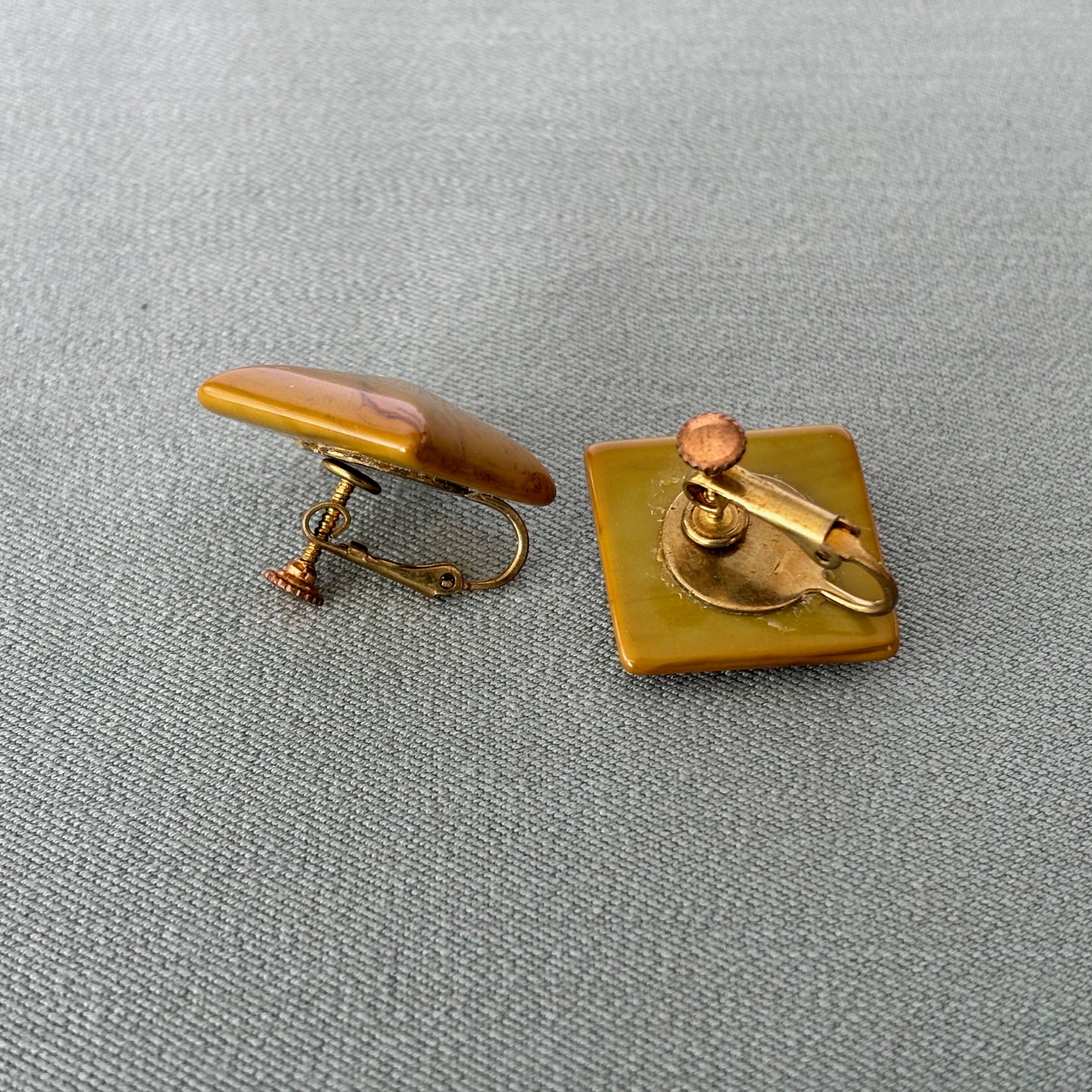 1940s Square Butterscotch Bakelite Screw Back Earrings