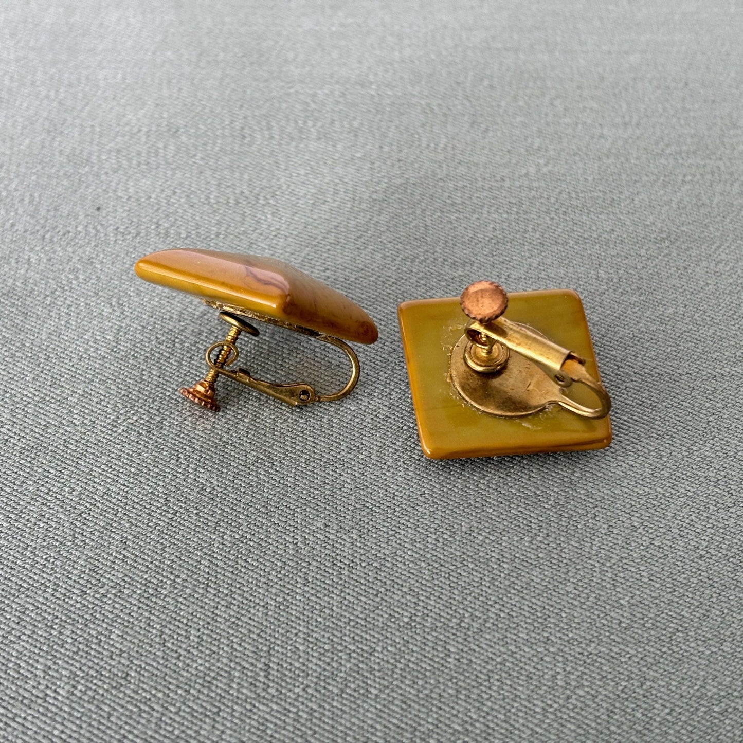 1940s Square Butterscotch Bakelite Screw Back Earrings Lily Scarlet
