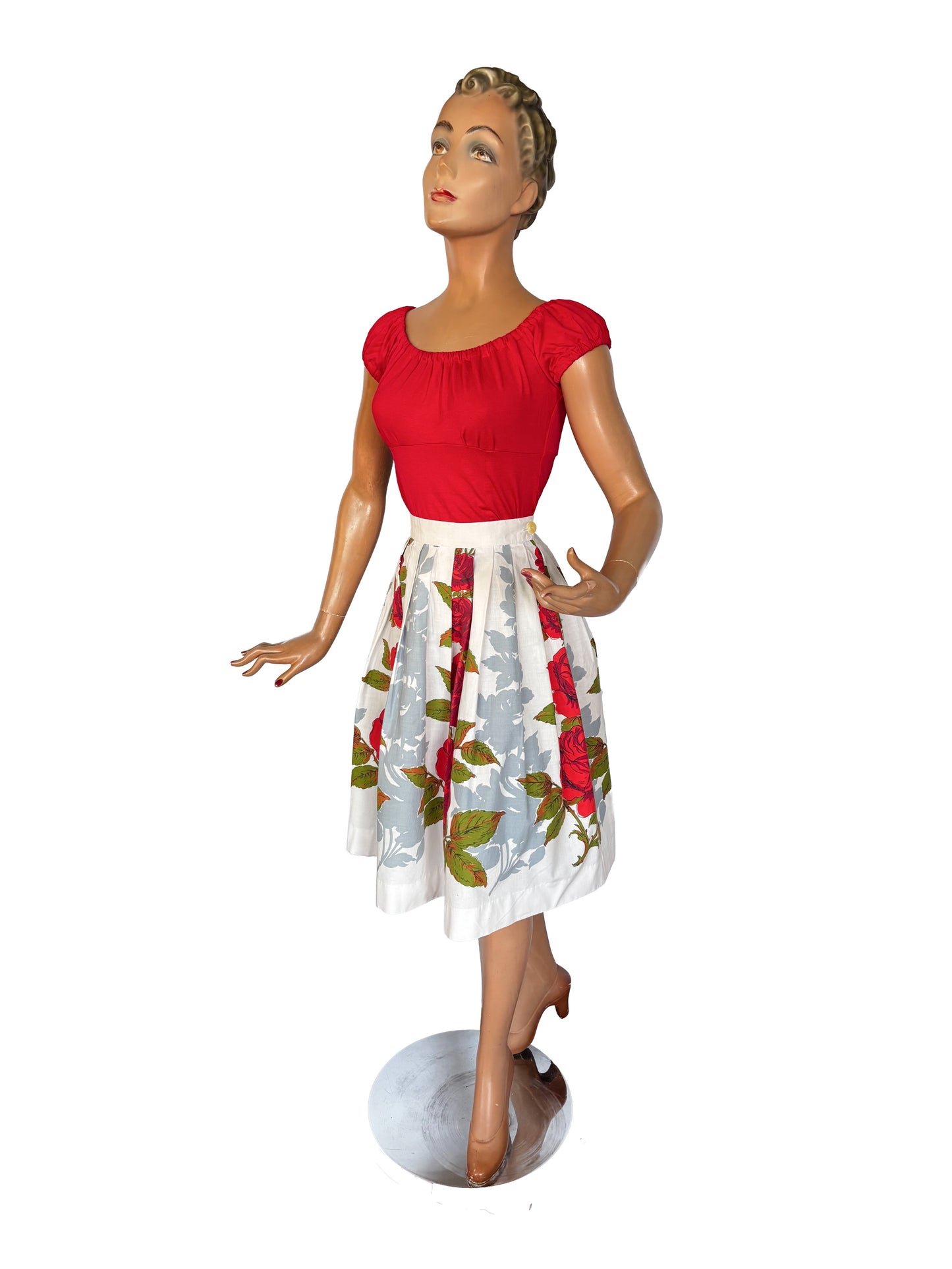 XS | 1950s Poplin Cotton Red Roses Skirt