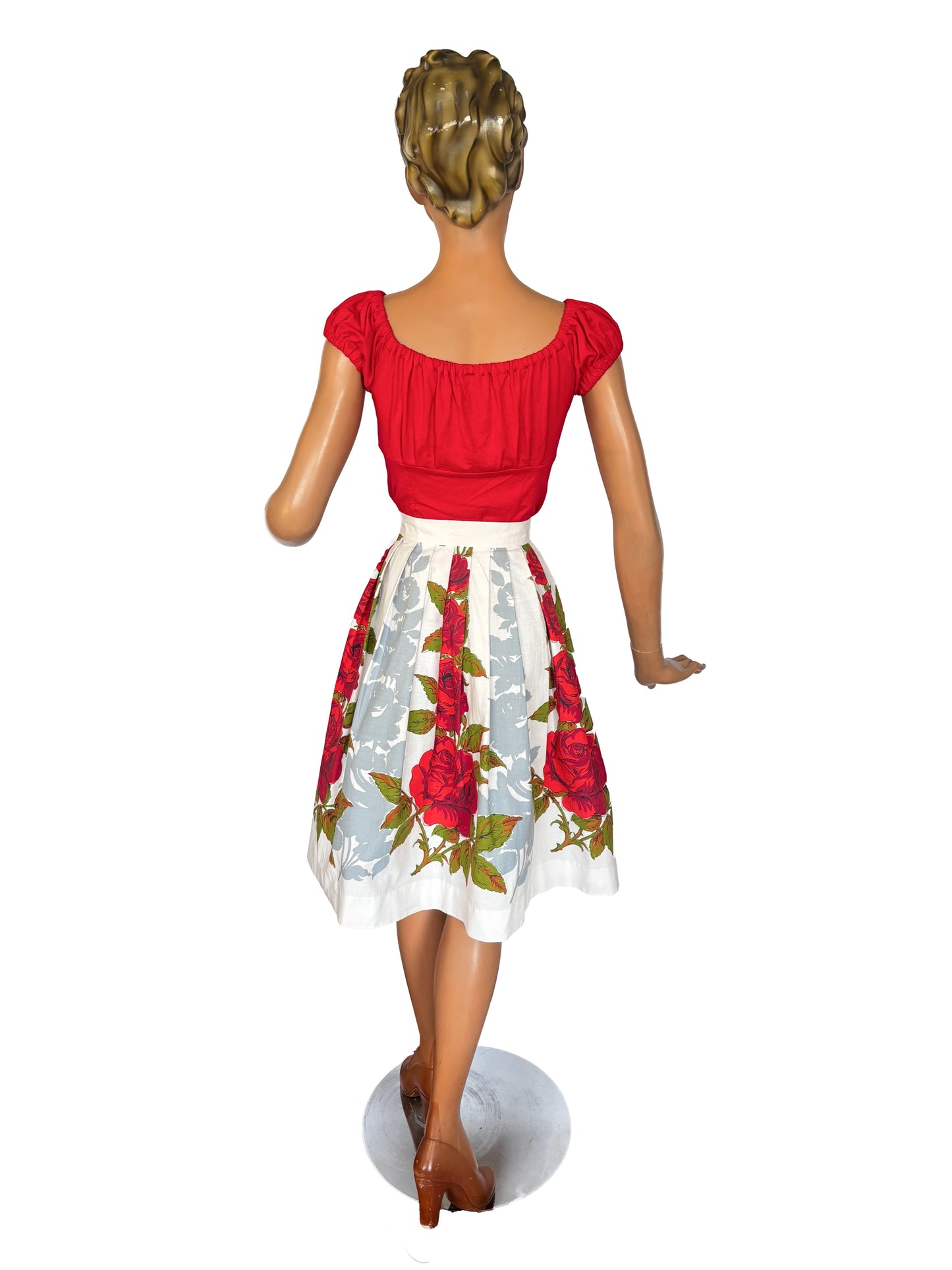 XS | 1950s Poplin Cotton Red Roses Skirt