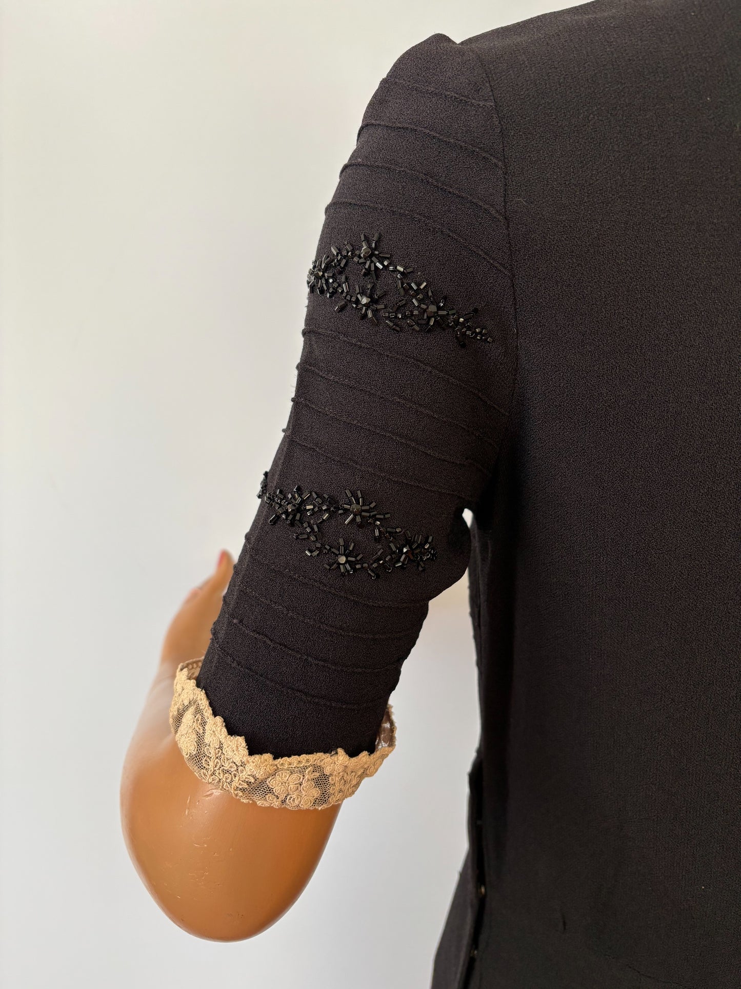 S | 1930s Black Wool Crepe Dress With Lace Trim