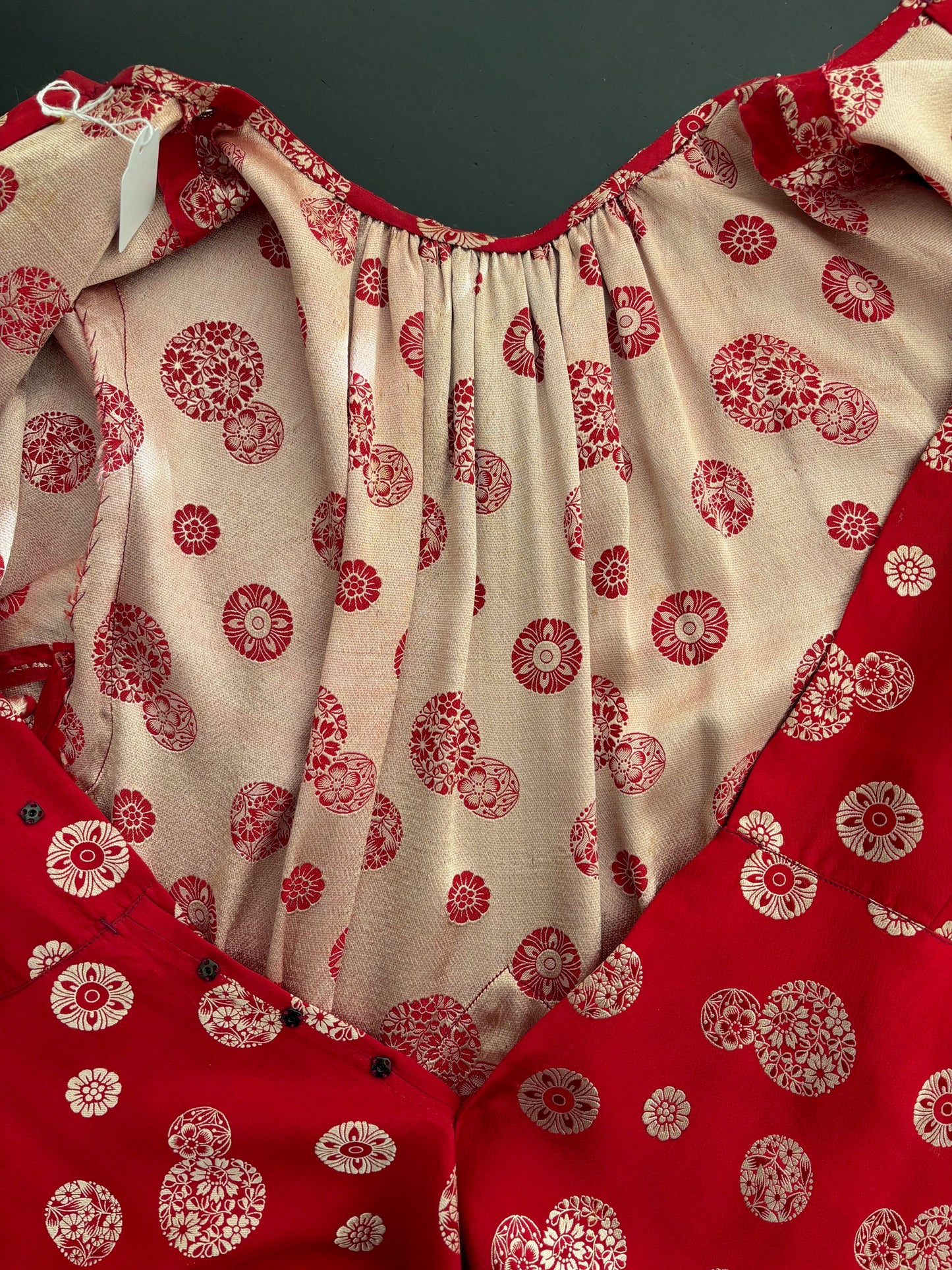 S | 1930s Silk Peplum Blouse with Asian Inspired Medallion Print