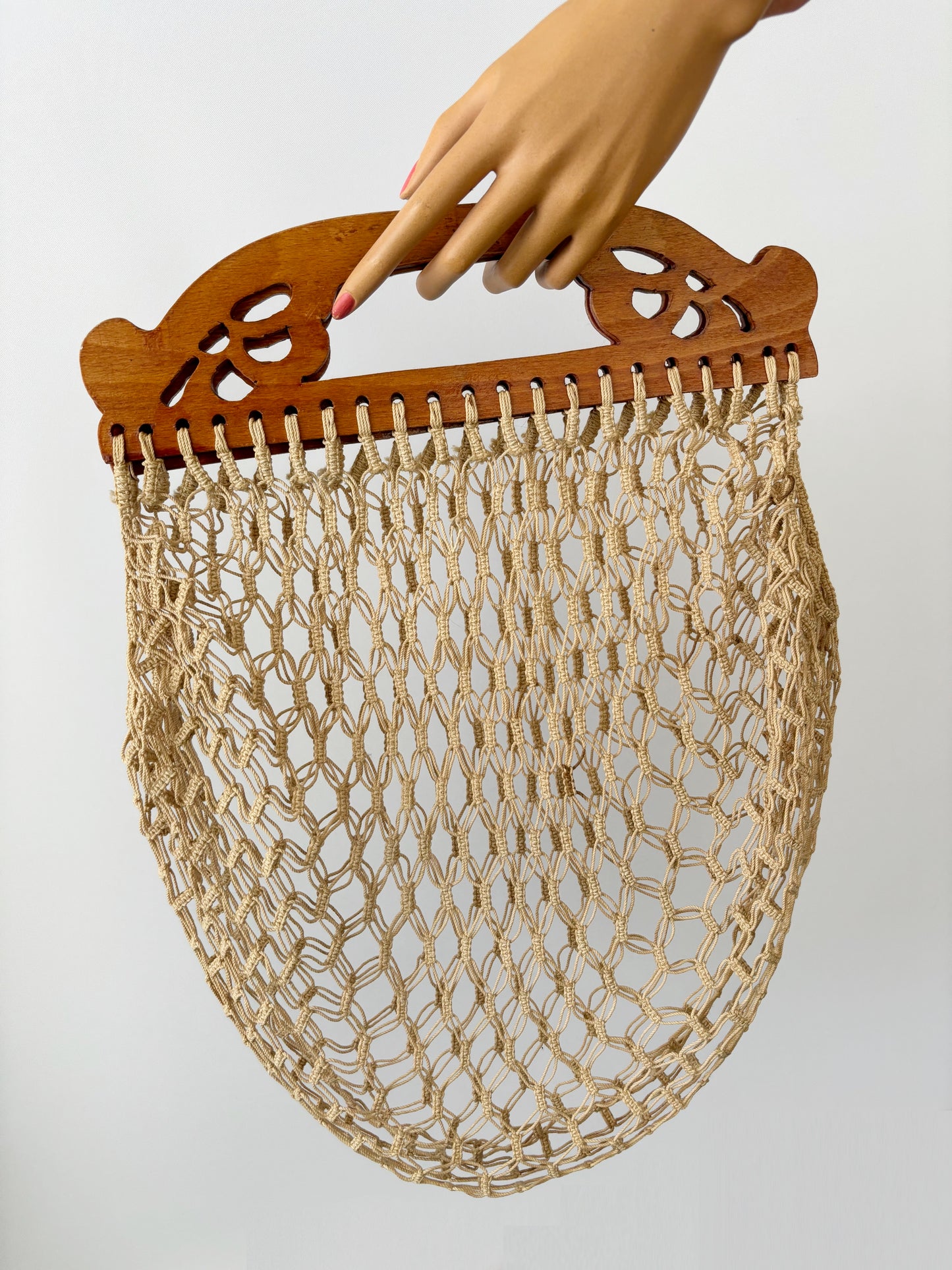 Vintage Homemade Jigsaw Hand Knotted Netted Shopping Bag