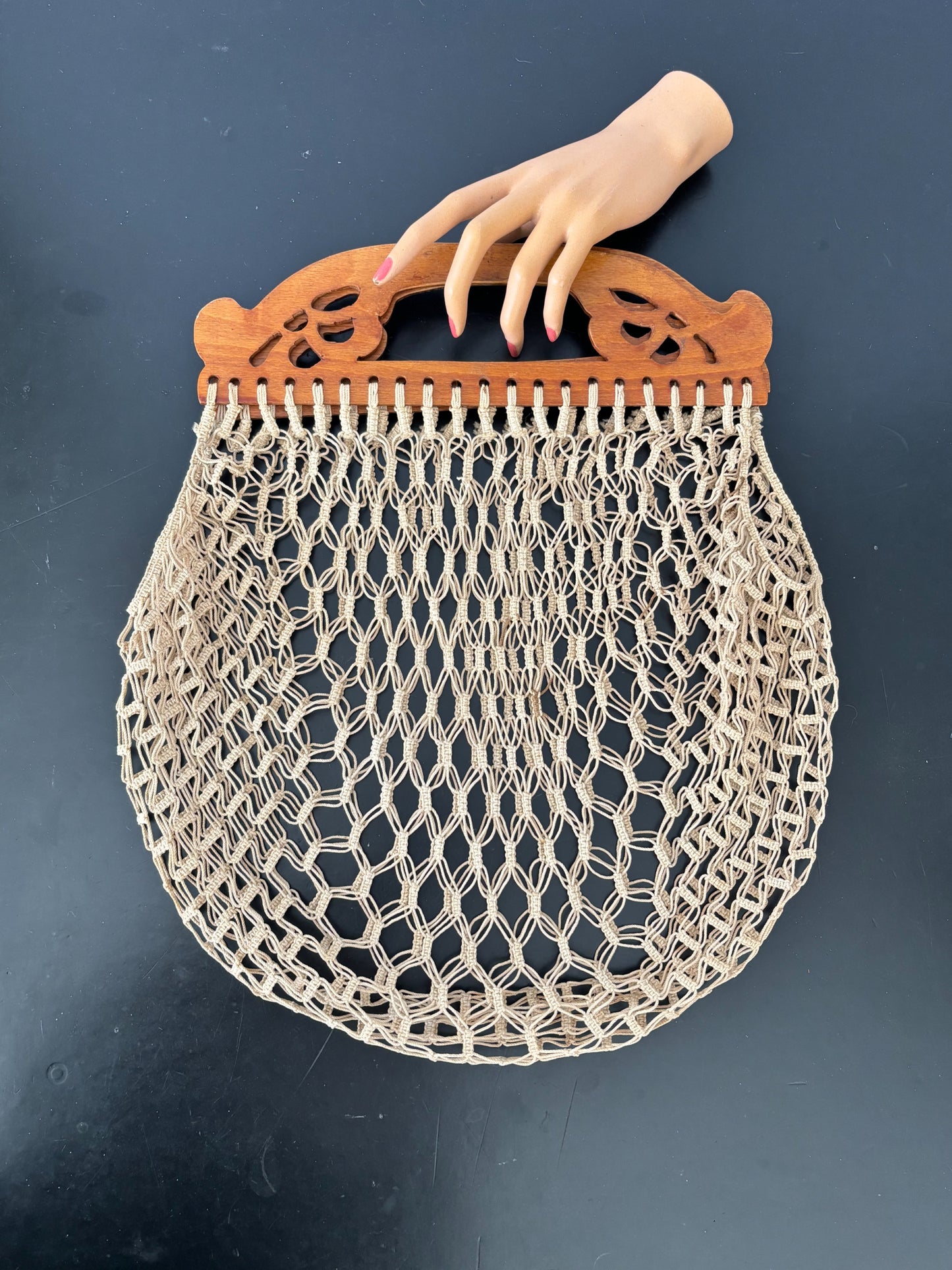 Vintage Homemade Jigsaw Hand Knotted Netted Shopping Bag