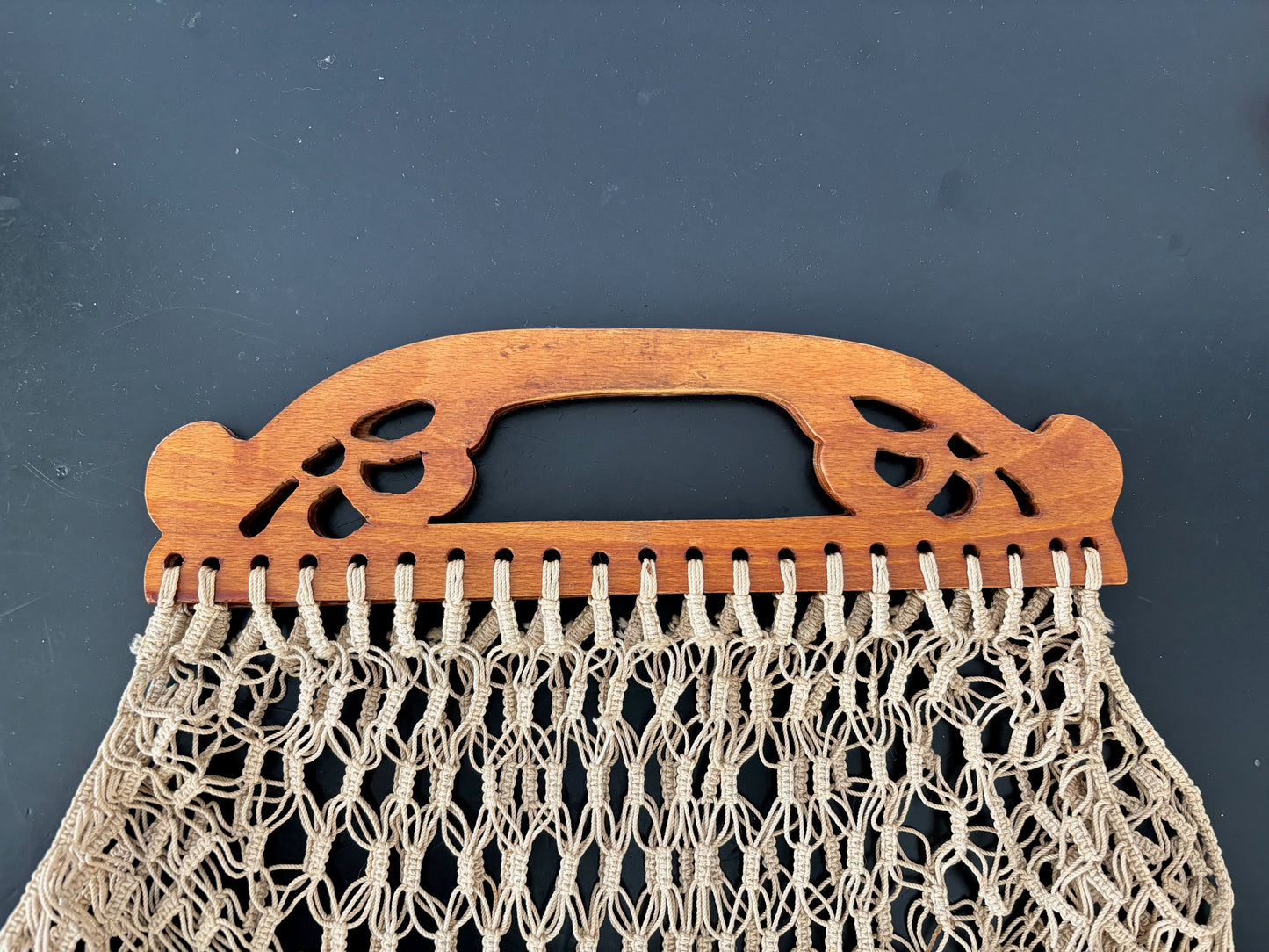 Vintage Homemade Jigsaw Hand Knotted Netted Shopping Bag