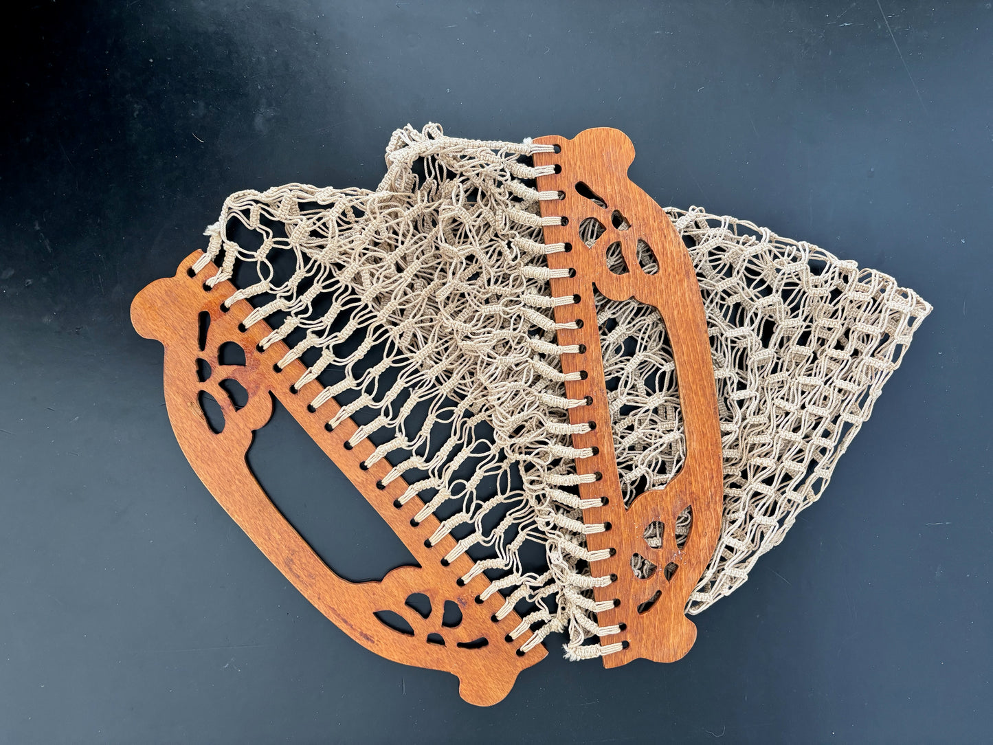 Vintage Homemade Jigsaw Hand Knotted Netted Shopping Bag