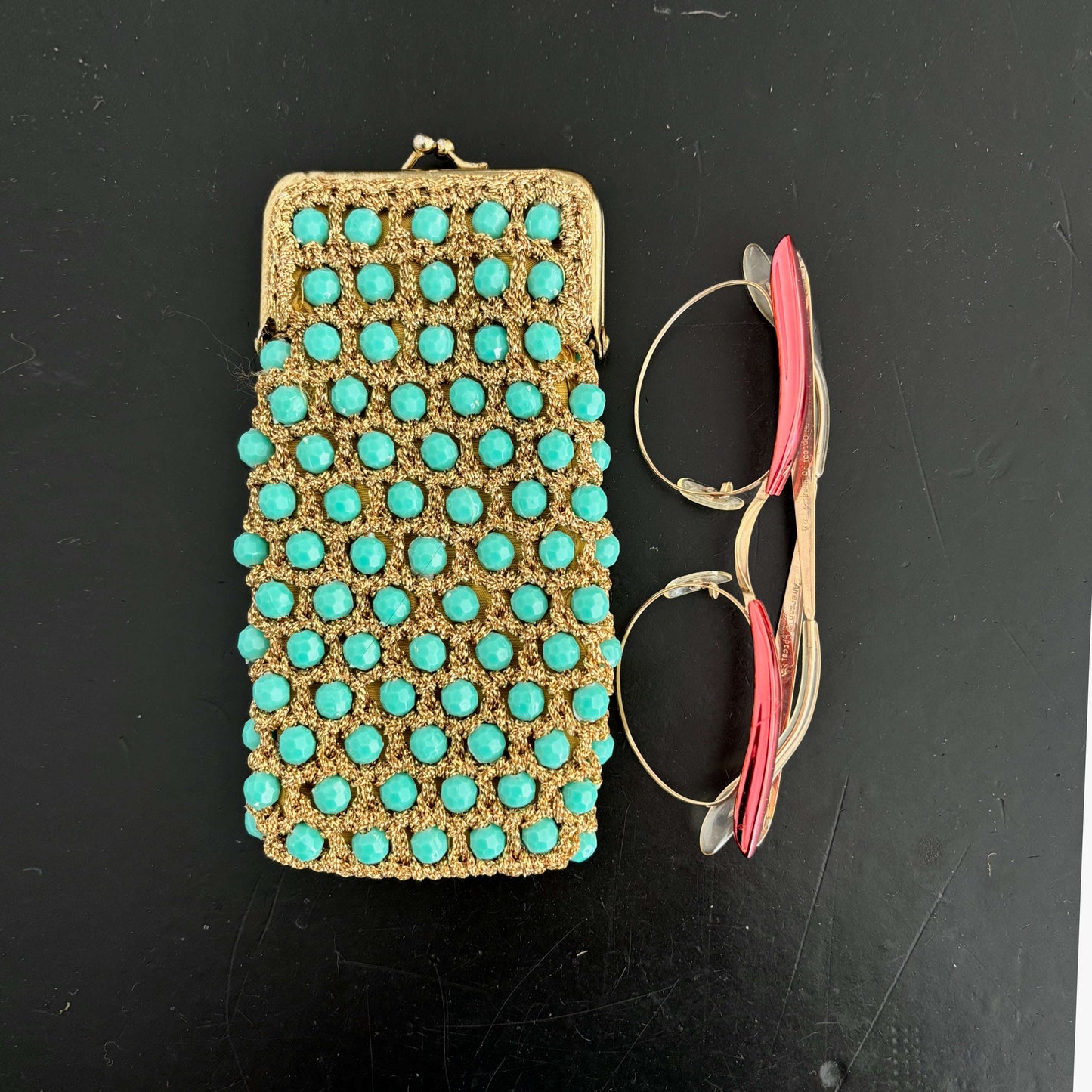 1960s Handmade Gold and Turquoise Purse / Glasses Case Lily Scarlet