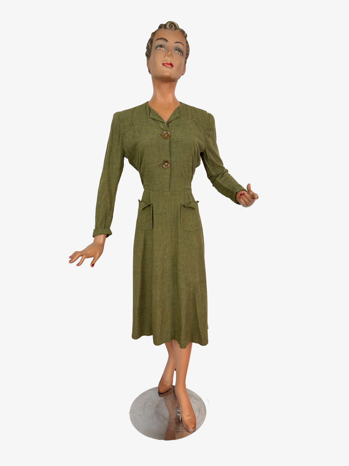 M/L | 1940s Style Olive Green Rayon Day Dress