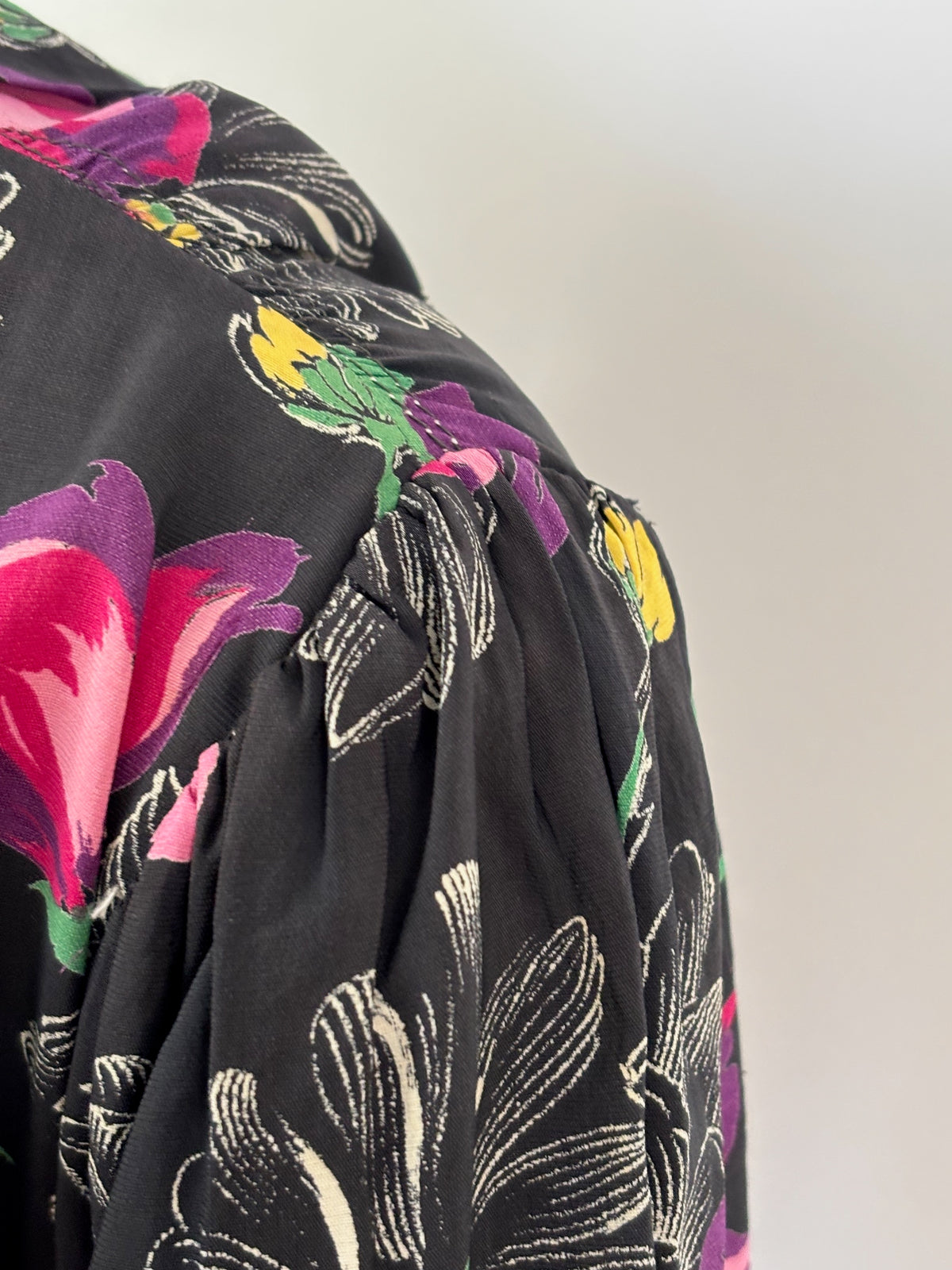 XL | 1940s/50s Black Floral Rayon Dress