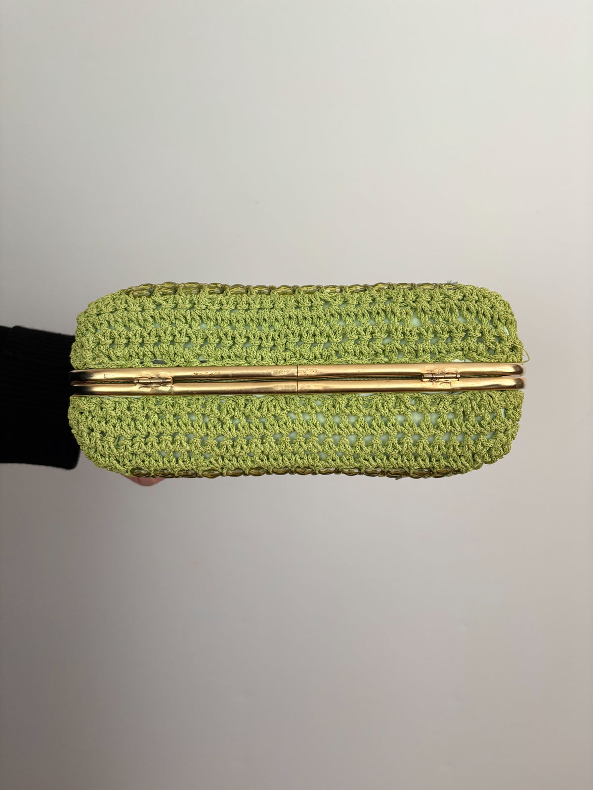 1950s 1960s Pistachio Green Beaded Crochet Box Bag