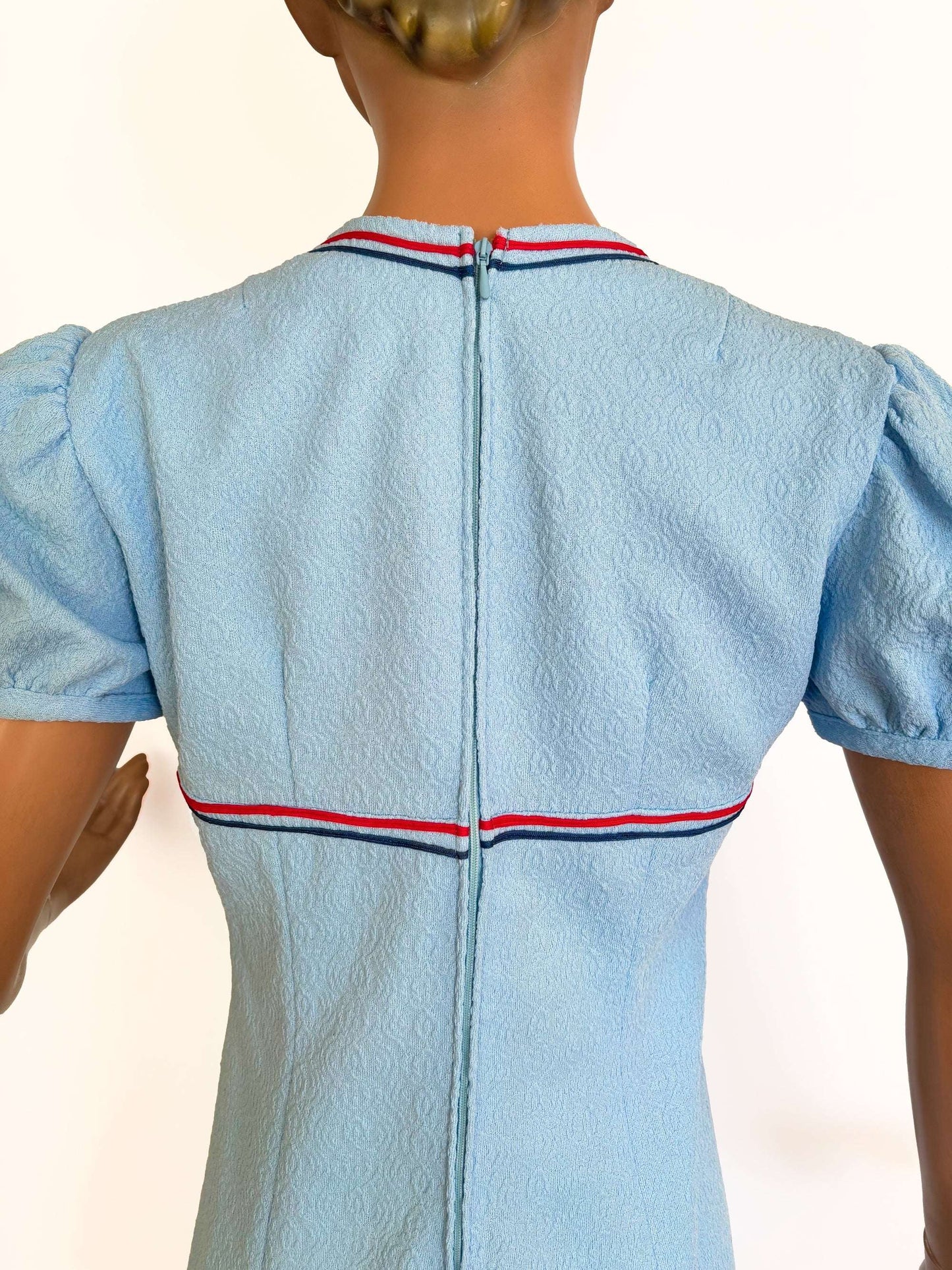 M | 1960s Mod Mini Dress Light Blue With Red And Navy Trim Lily Scarlet