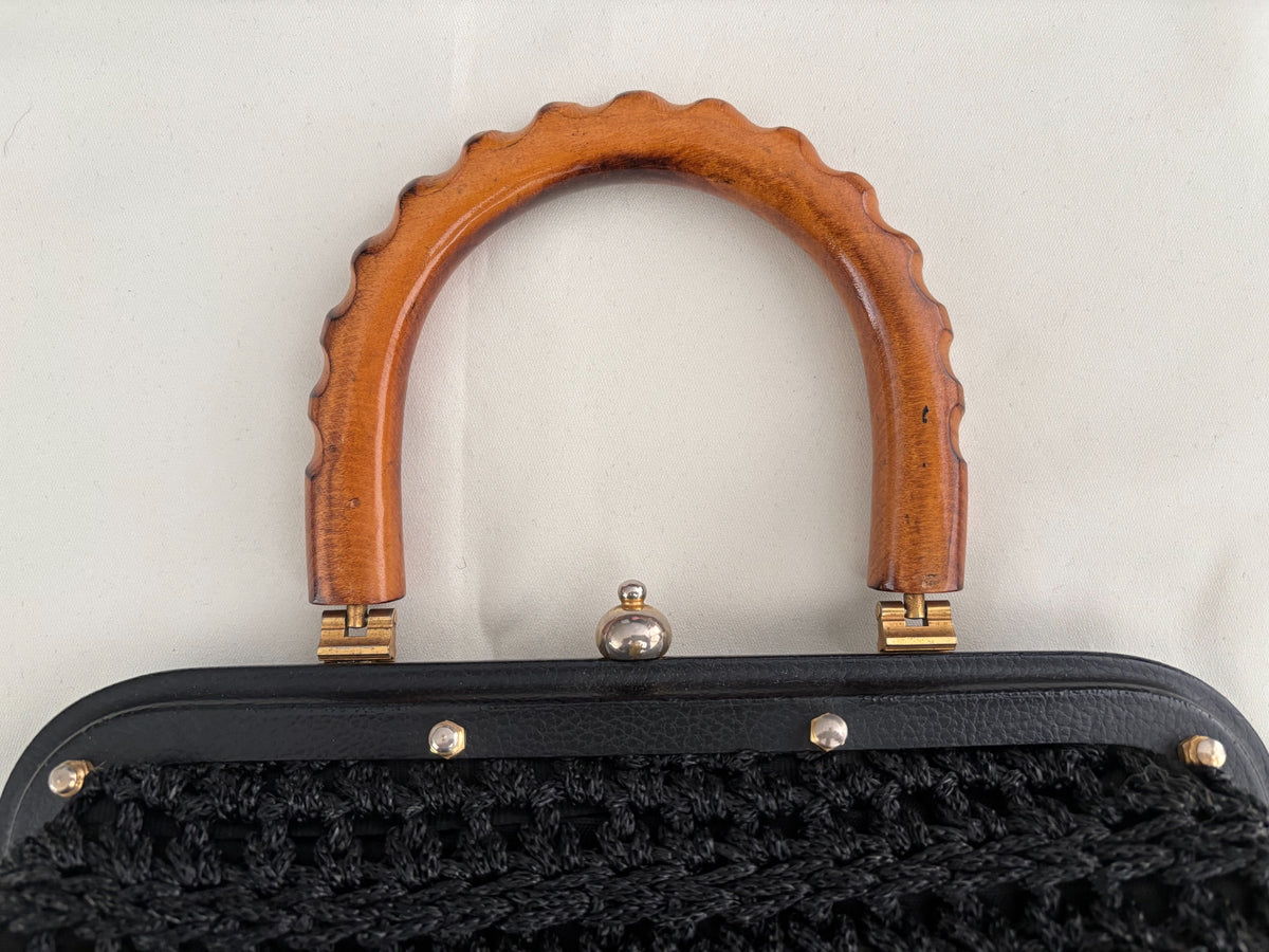 1960s Black Popcorn Crochet Handbag with Carved Wooden Handle