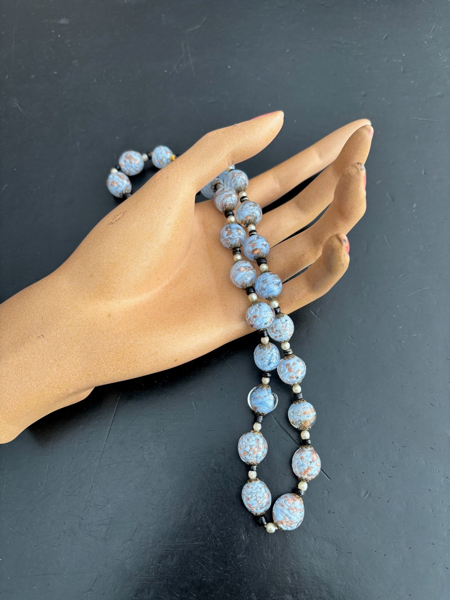 Art Deco Baby Blue and Gold Aventurine Glass Necklace 1920s/30s