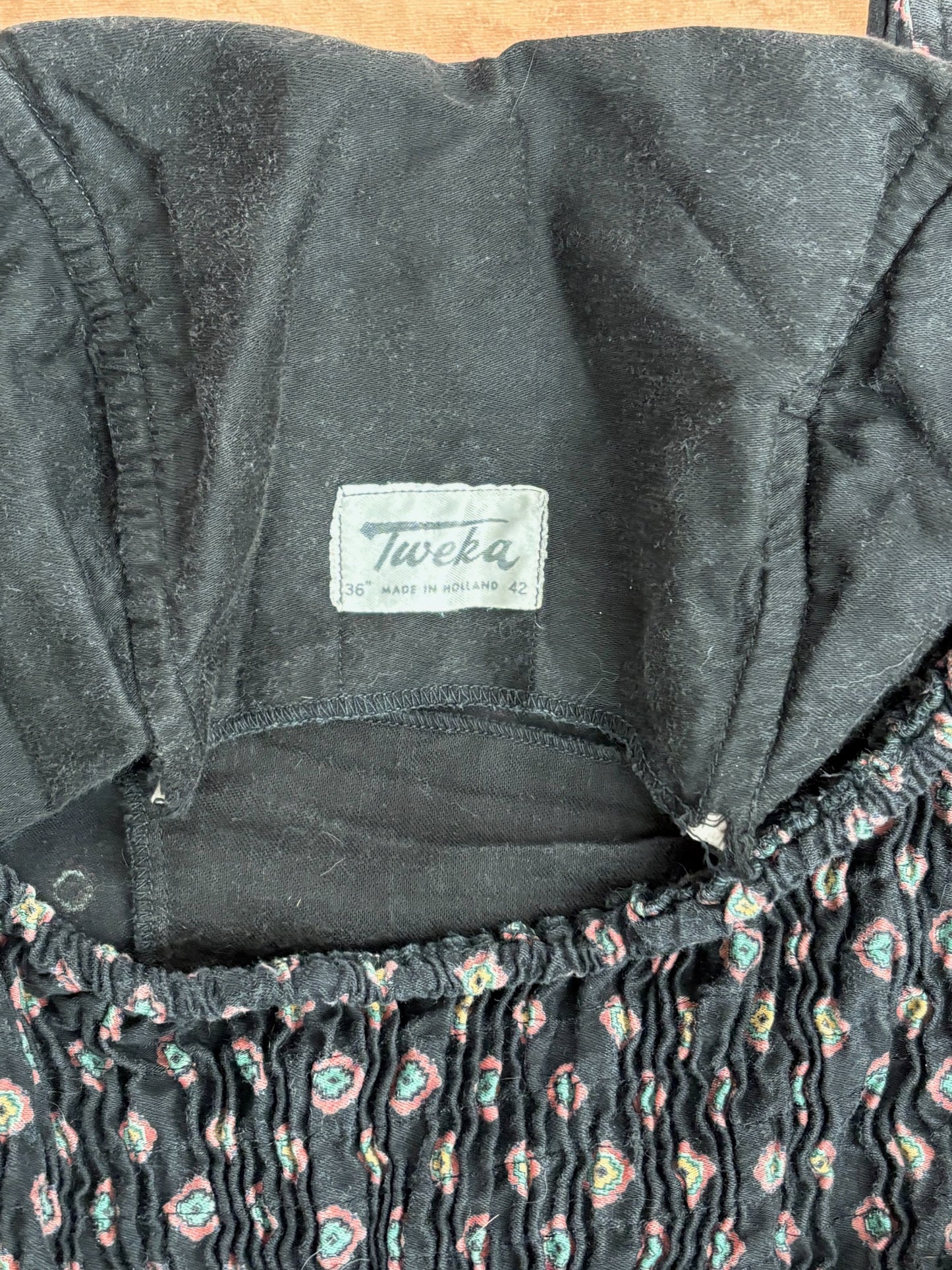 XS | 1960s Tweka Black Cotton Swimsuit Smocked Back