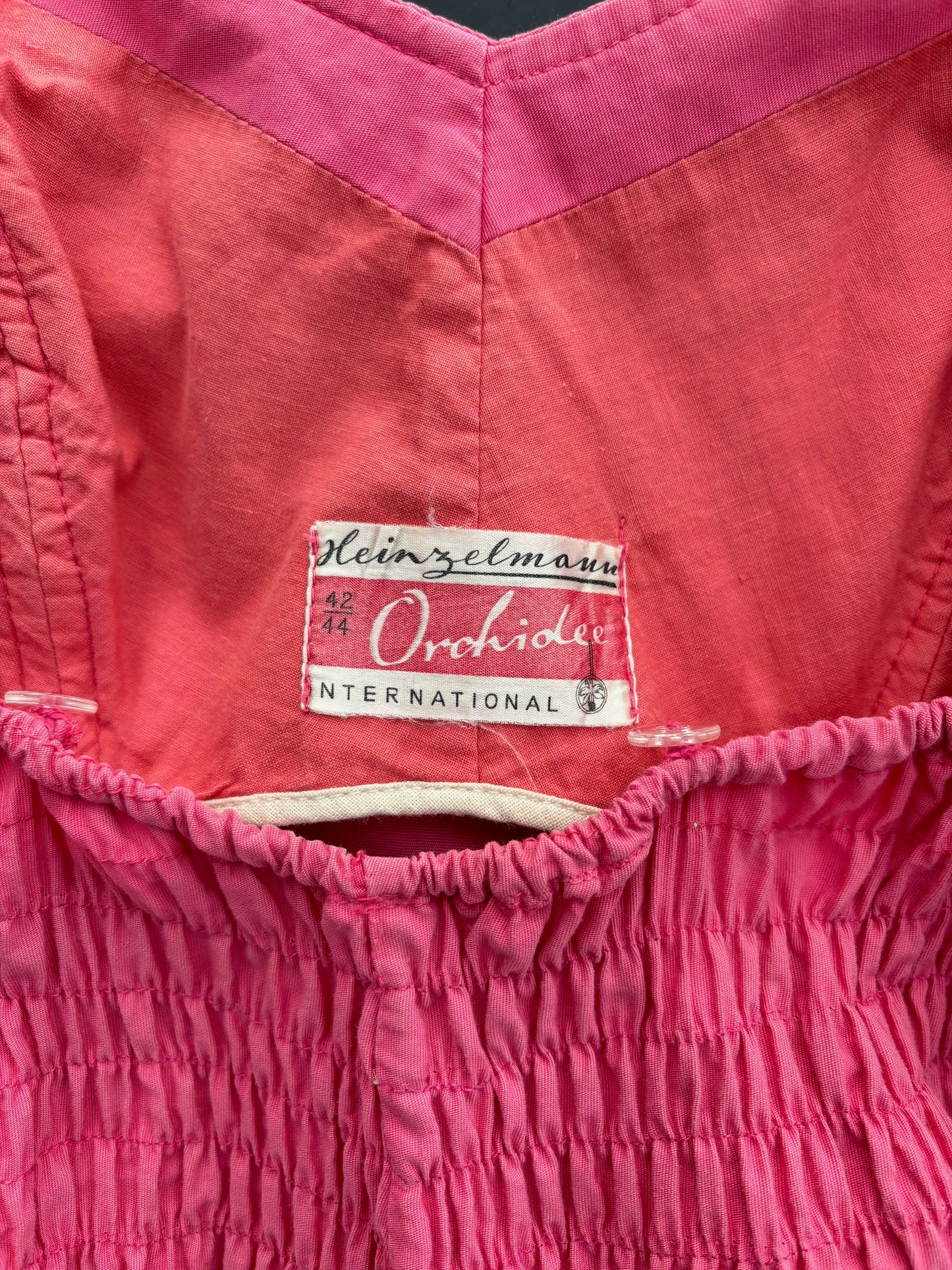 S/M | 1960s Pink Cotton Swimsuit Smocked Back Heinzelmann Orchidee International.