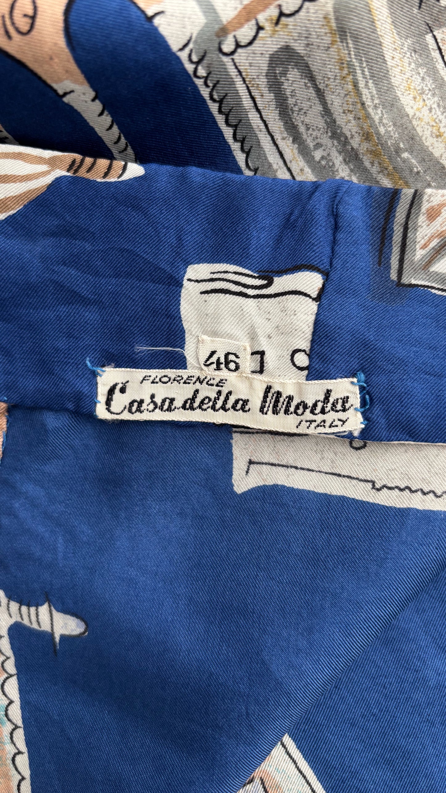 L | 1940s/50s Casa Della Moda Florence Novelty Print Silk Blouse